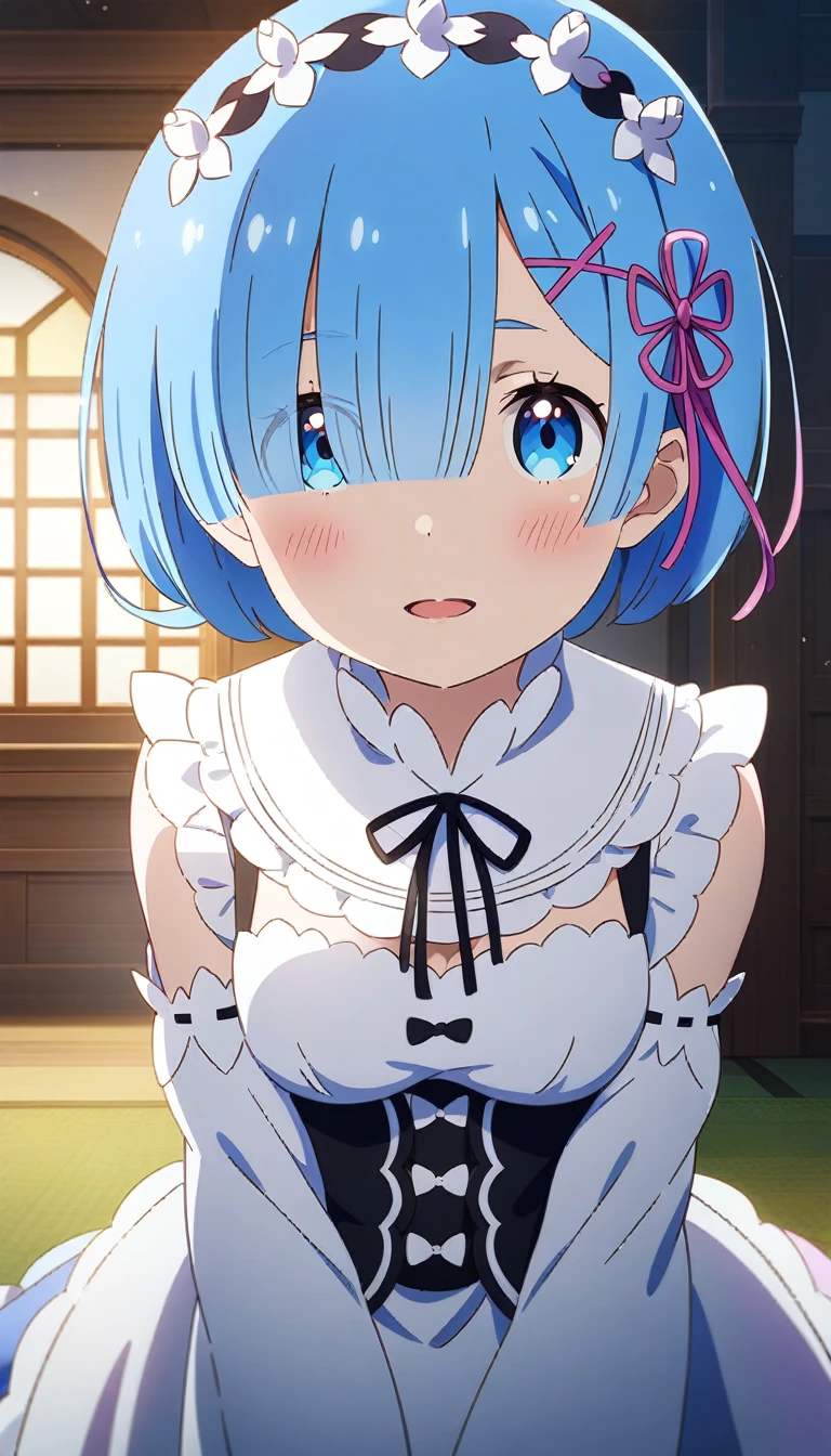 1girl and 1boy, rem \(re:zero\), re:zero kara hajimeru isekai seikatsu, anime artwork, anime style, key visual, vibrant, studio anime, highly detailed, looking at viewer, masterpiece, best quality, very aesthetic, absurdres
