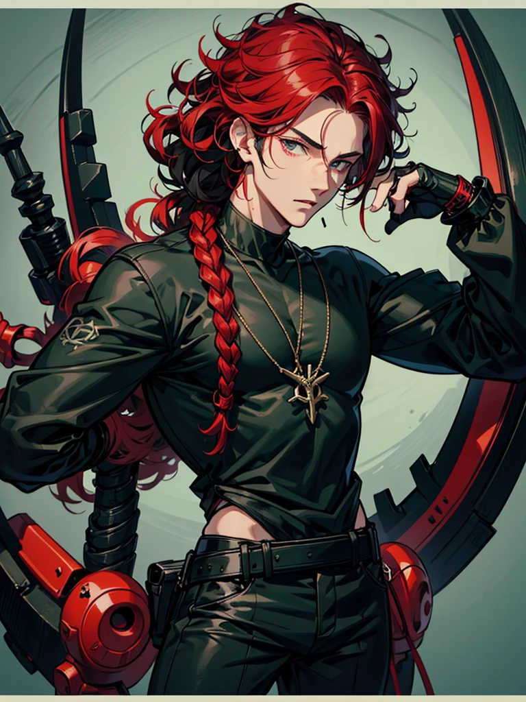 Handsome adult guy, black-red hair, hair tied in a small tail at the back, curly hair. 
Dressed in black casual clothes with accessories with satanic symbols.
Black eyes, strong build, there are muscles.
 Also have biomechanical prostheses instead of two hands. Prosthetics instead of arms, no arms. 
 dark green background.