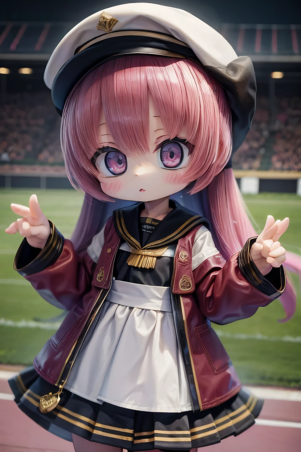 8K、16K、32K、Chibi、1 pretty girl、Racecourse、Raising one&#39;s hand with a betting ticket in front of the finish line at a horse race、The best smile、Horses are running、Animal ears、Wearing a hoodie、(((masterpiece))), (best quality), (ultra detail), (very_high_resolution), (large_filesize), (full color)