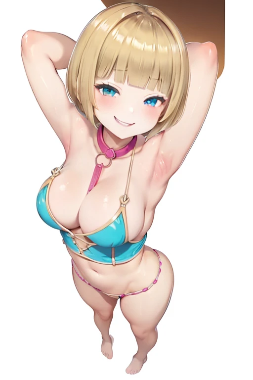 standing footjob、barefoot,Blonde hair, short mash hair, turquoise eyes,A girl with impressive blonde hair、hair ornaments、short bob、hot pants、smile、dynamic pose, Pink bondage suit, mocking smile,Showing armpits, hands behind head, nakedness