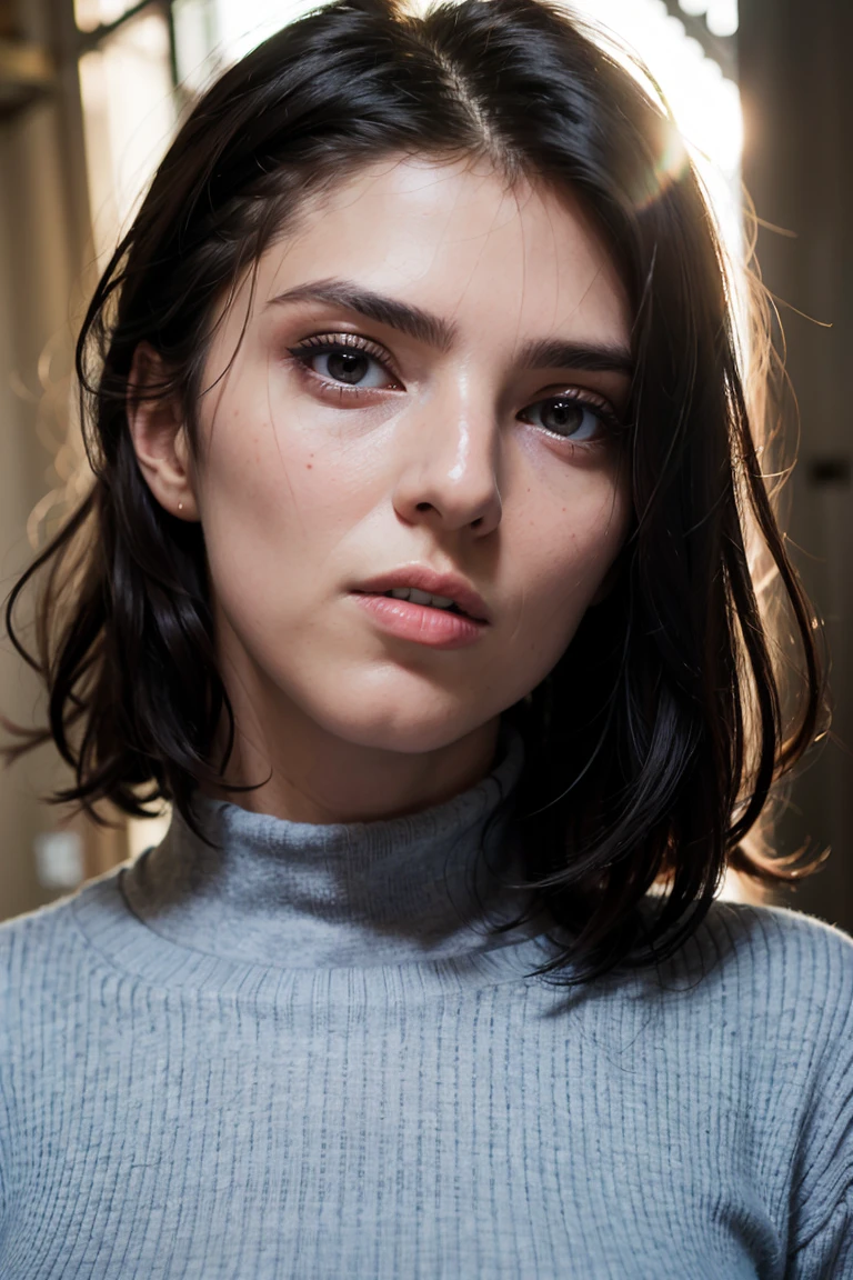 A stunning intricate full color portrait of zaraZof1, wearing a black turtleneck, epic character composition, by Ssunbiki, alessio albi, nina masic, sharp focus, natural lighting, subsurface scattering, f2, 35mm,, very short hair