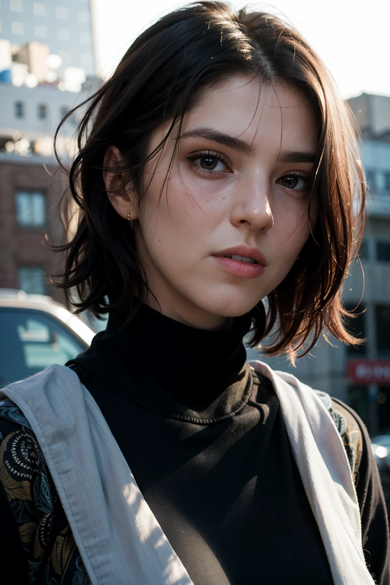 A stunning intricate full color portrait of zaraZof1, wearing a black turtleneck, epic character composition, by Ssunbiki, alessio albi, nina masic, sharp focus, natural lighting, subsurface scattering, f2, 35mm,, very short hair