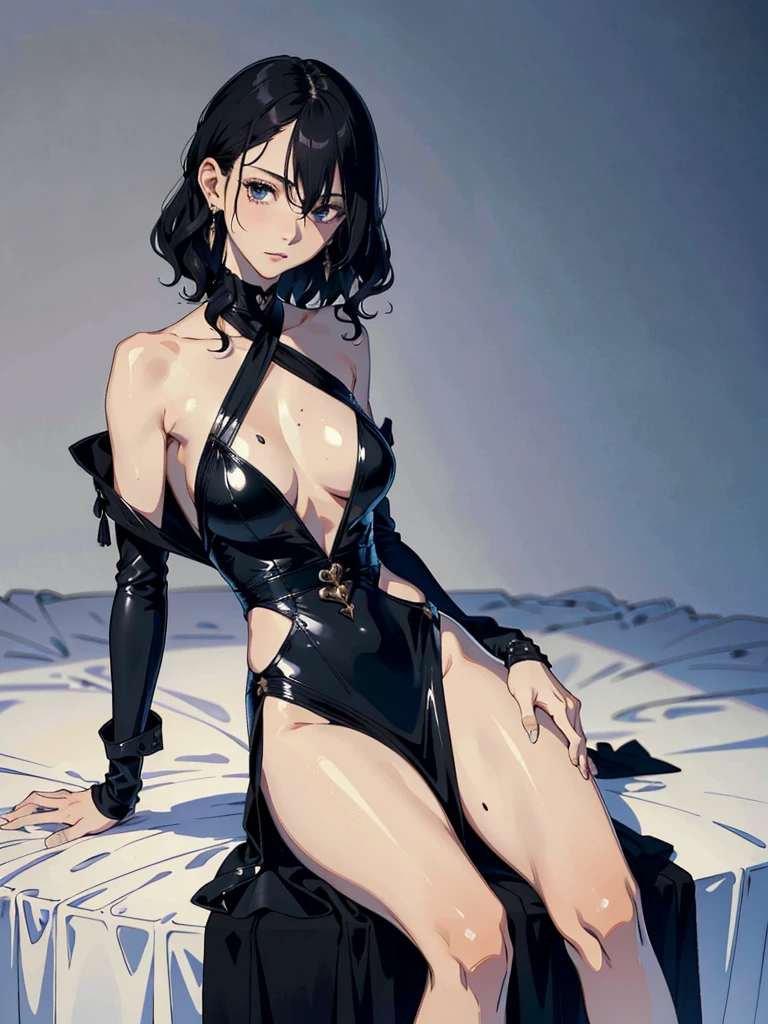 absurdres, RAW photo, extremely delicate and beautiful, masterpiece, Best Quality, ultra high resolution, 32k, hyperrealistic, ultra-detailed, perfect , anatomically correct, perfect figure, super Detailed skin, 20 years old, very Slim body, narrow waist, very small head, very small face, delicate  features, detailed face, detailed eyes, tearful mole, earring, thin legs,  legs, very huge round , short medium hair, ((wavy hair)), wet clothes, ((black gorgeous long dress)), ((regalia)),