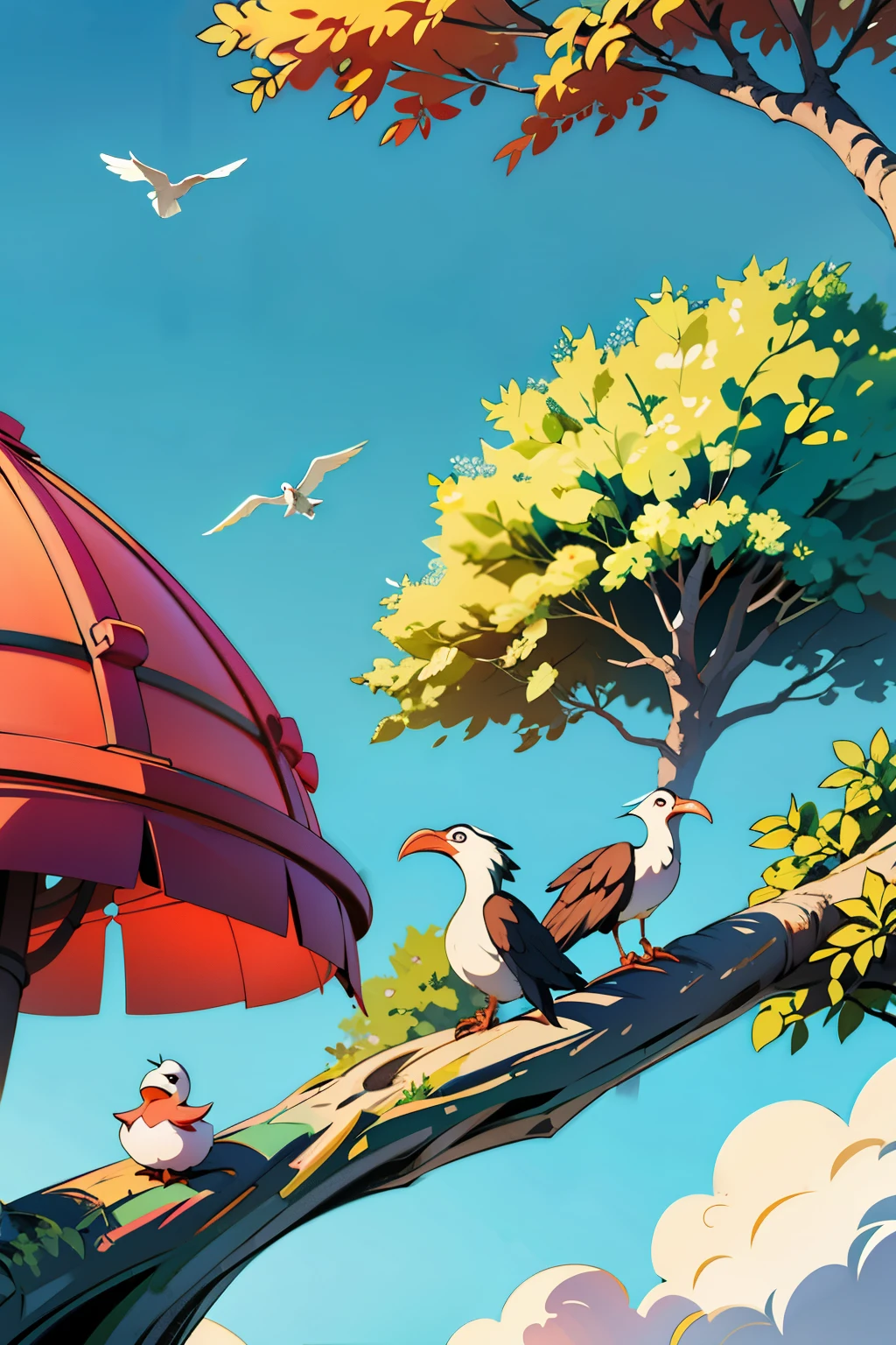 Three joyful crested ibises soar exuberantly above the treetops, depicted in a delightful artistic style with uncomplicated lines, solid colors, and the employment of warm hues. Suitable for a younger audience, this vibrant and colorful illustration showcases the simplicity of a minimalist artist's approach. The uncluttered background adds to the undeniably bright and cheerful atmosphere, with its pristine white expanse.