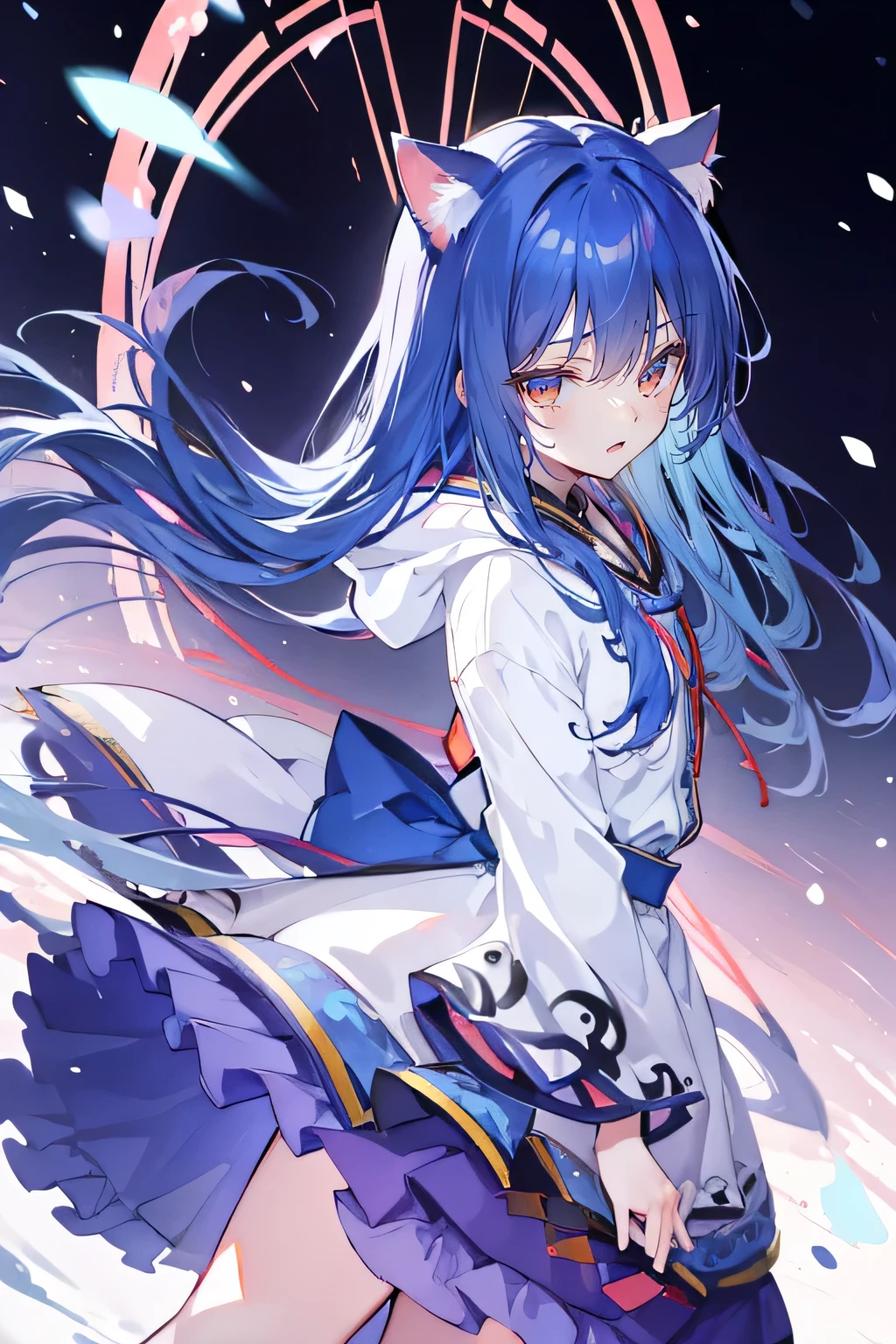 (masterpiece:1.2),Super detailed,lifelike,Expressive eyes,fair skin,perfect face shape,1 girl,
Japanese comics,Gorgeous blue hair,flowing blue hair,flowing clothes,Cat ears,Petals fall,beautiful lola,Baby Angel,
Shaking head with one hand,Cross your legs,Gentle and peaceful background,The pavilion is cool and comfortable,smile, wearing hoodie, background of tokyo,back views,snowing, winter.
