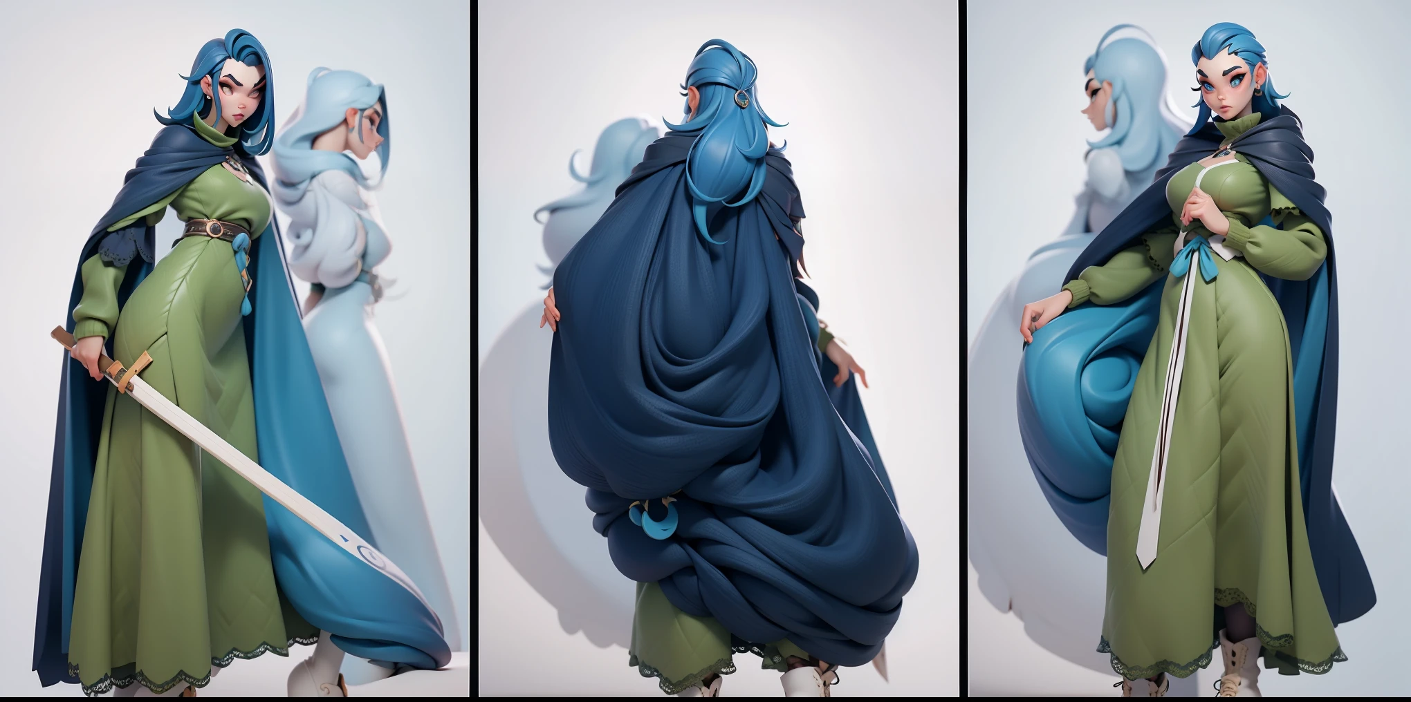 fechar-se,Personagem. De corpo inteiro, rosto estilo 3D, meiga e delicada, com cabelos longos coloridos,chocolate,cabelo azul curto,olhos verdes,Brincos redondos de metal,cores silenciosas,