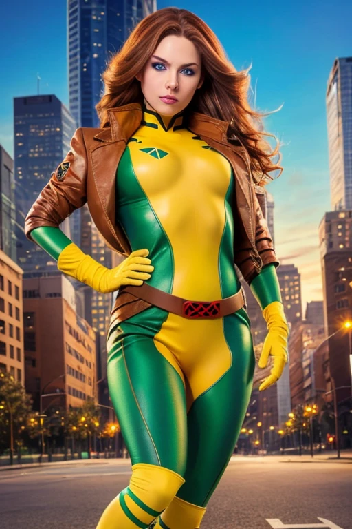masterpiece, best quality, 1girl, brown hair, blue eyes, rogue classic costume, cityscape background