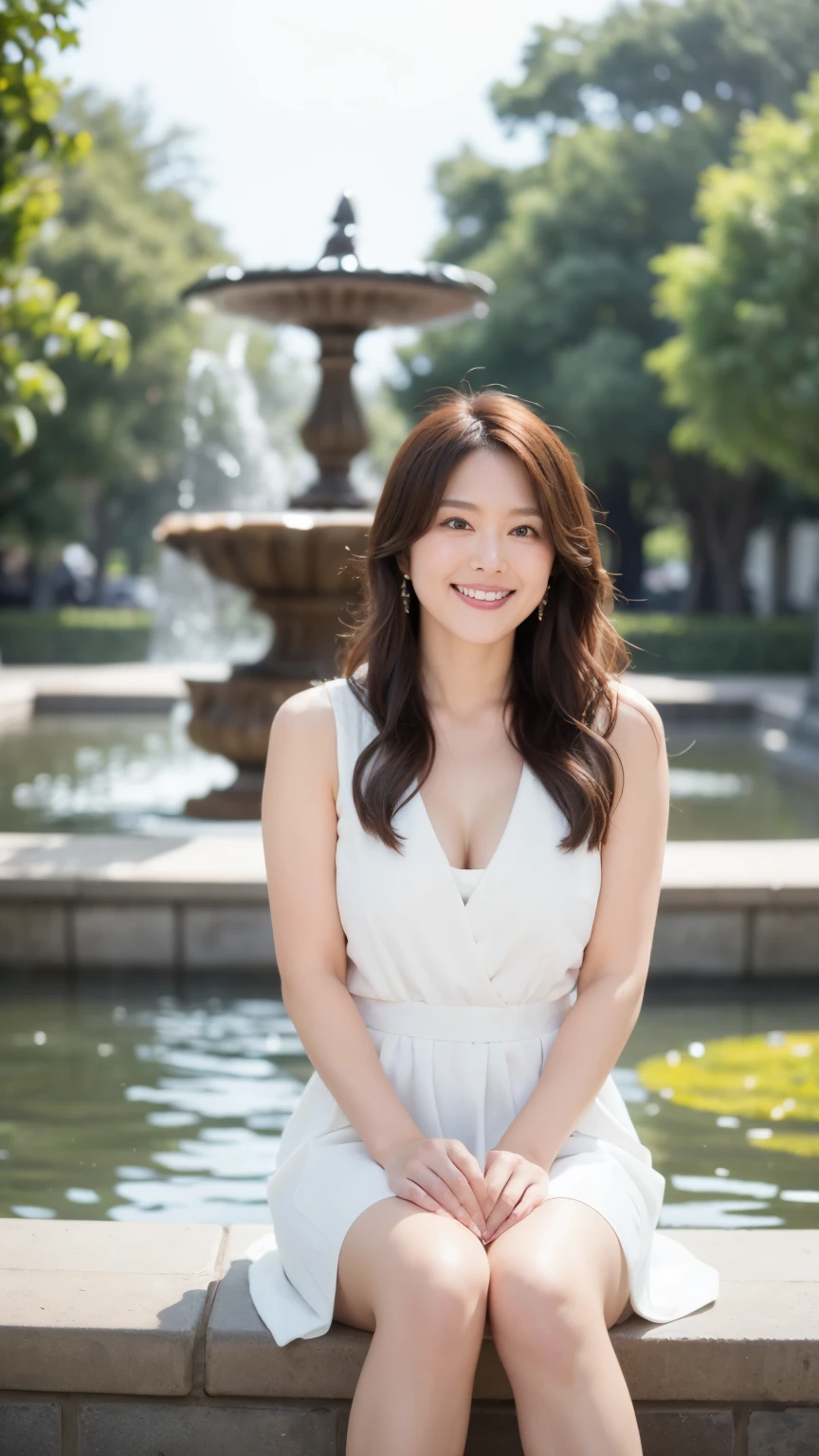 最high quality, In 8K, Masseter region, Vibrant, Sharp focus, high quality, High resolution, Detailed face, Fine grain, Thick lips, (Looking at the audience), alone, Beautiful woman, 38 years old, Japanese women, （Short black hair:1.4）、（Bob Hair:1.4）, Cleavage, Lunch break、Big city park、Green grass、In front of a large fountain、（sitting on a park bench:1.3）、（Full body photo:1）、（White formal dress:1.5）、（Knee-length dress:1.5）、（Black pumps:1.5）、（red lipstick:1）、（smile:1.3）、（Standard body shape）、（D cup breasts）