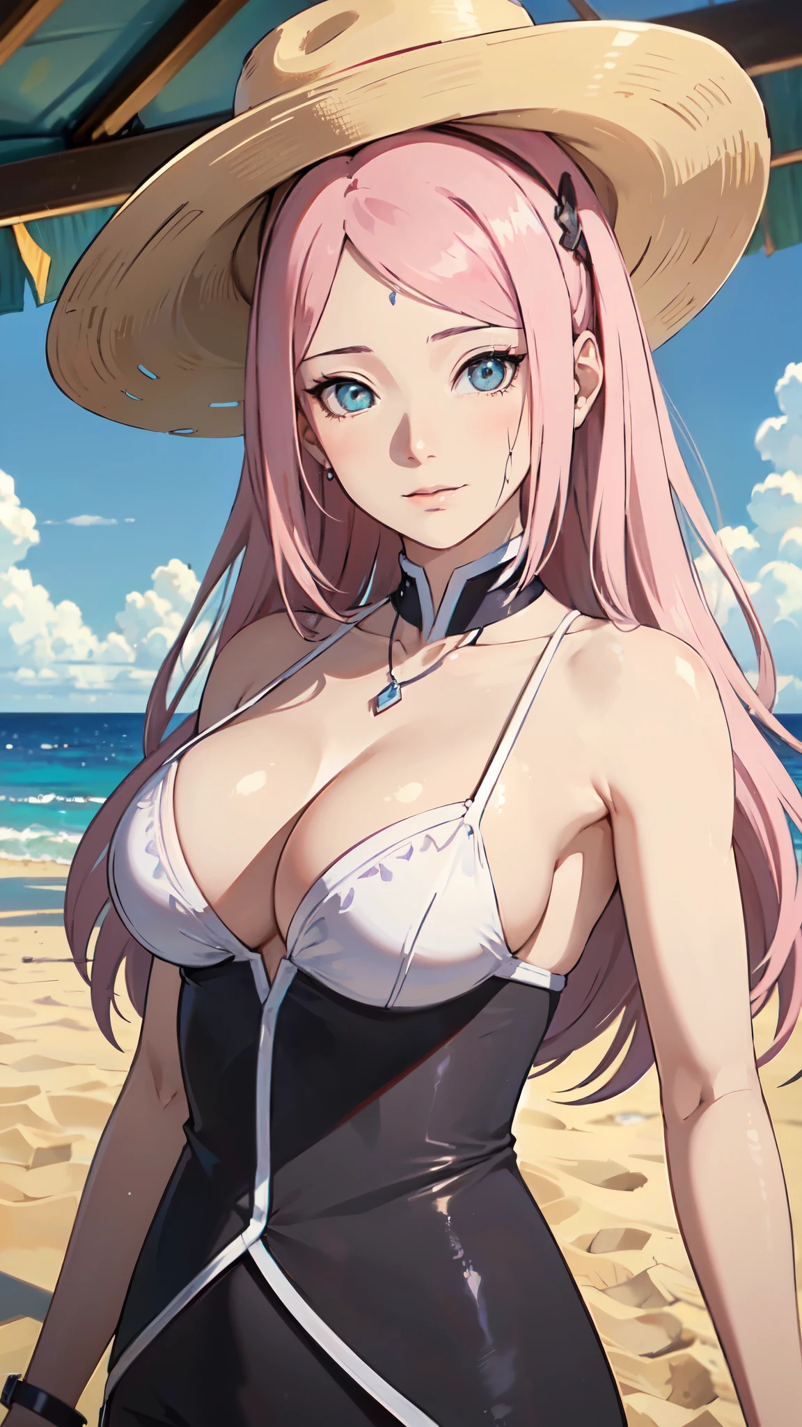 cleavage,(masterpiece:1.2, best quality), (1lady, solo, upper body:1.2), Clothing: white , wide-brimmed hat, strappy sandals, Accessories: shell necklace, tinted sunglasses, Hair: loose beach waves, pink hair, Makeup: natural, glowing skin, Behavior: relaxed, carefree, free-spirited, Location: beach, resort, outdoor festival, purple eyes, average , soaking wet, (beautiful detailed face, beautiful detailed eyes), (sunbeam, sunlight, rose, wind)