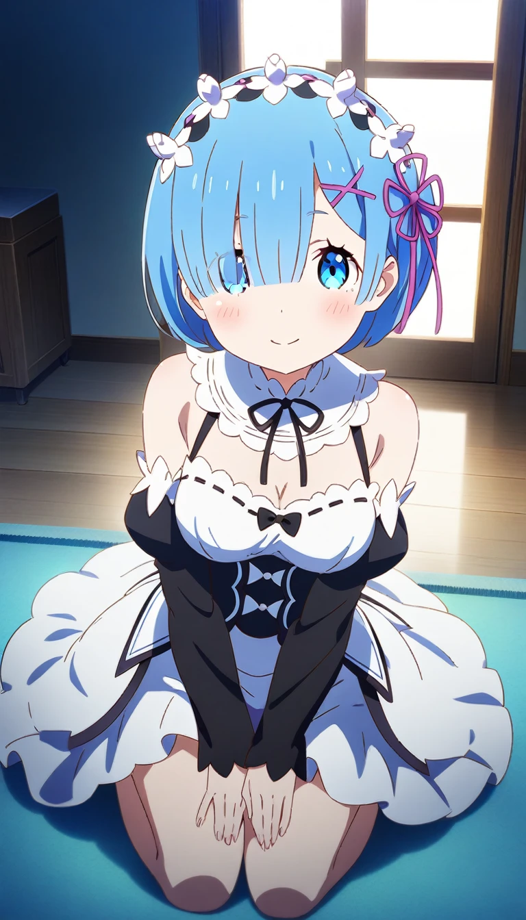 1girl and 1boy, rem \(re:zero\), re:zero kara hajimeru isekai seikatsu, kneeling, large breasts, anime artwork, anime style, key visual, vibrant, studio anime, highly detailed, looking at viewer, masterpiece, best quality, very aesthetic, absurdres