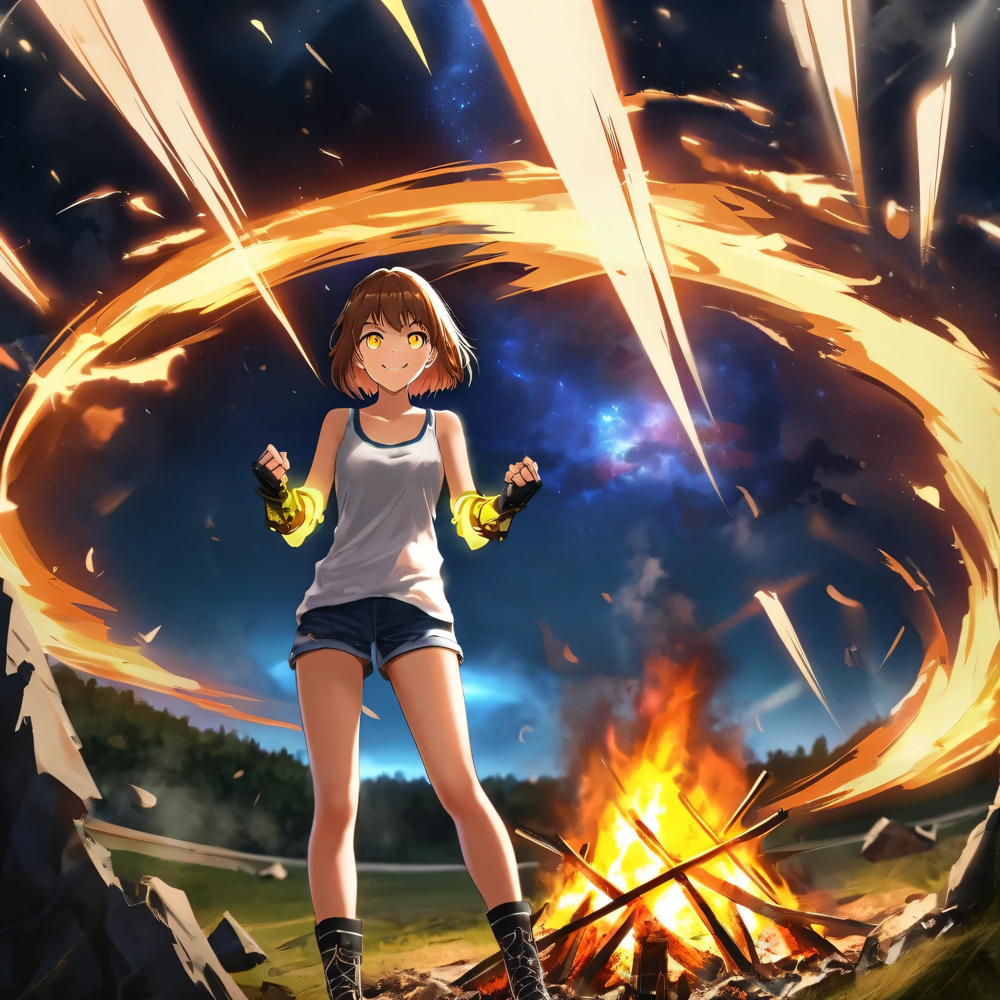 short hair, gorgeous woman,brown hair, yellow glowing eyes, perfect lips,big smile , confident smile,cute expression, cute face, walking in the campfield, fingerless and power fire gauntlets, gun, tank top, jacket, alert pose, ultra detailed face, long eyelashes, sharp eyes , Fullbody shot, dinamic viewer, night sky , dinamic point of view, diferents point of view, campfield, bonfire