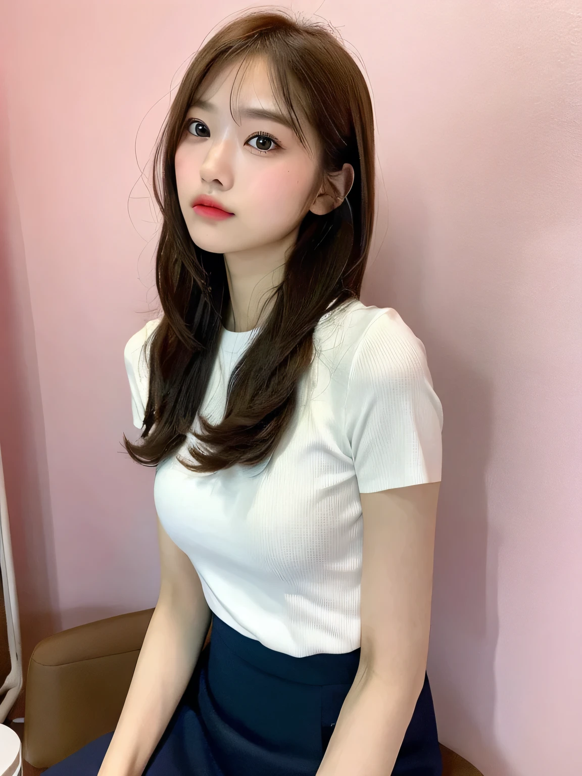 one person、17 years old、whole body、slender、woman、White drool coming out of the mouth、Blonde、 Fair skin, messy hair, super cute、Soft and Face、Brown Hair、8k resolution、Surreal、Ultra high definition、 Soft Body Tight Ass Night、A-cup small breasts((Highest resolution、8k、masterpiece:1.3))、Ultra-fine face、Ultra Fine Lips、Beautiful Eyes、double eyelid,Pink wall、Navy blue open front shirt、Navy blue mini skirt、I can see your thighs、Shapely small breasts、Sitting in a chair、