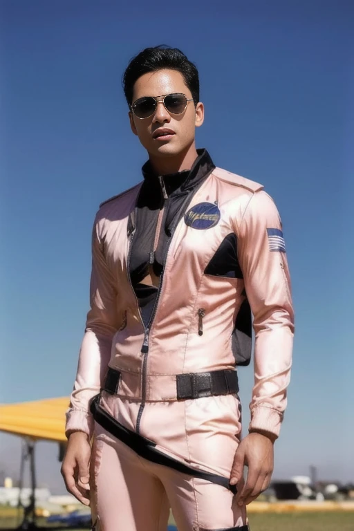 male pilot, (standing close to solar eclipse), landscape, huge sun solar eclipse background, elegant, wearing sexy spacesuit, tight clothes, open clothes, unzipped, blush, masterpiece, best quality, detailed background, depth of field, intricate details, (muscular), (large pectorals), (puffy nipples), full length shot(fls) ,