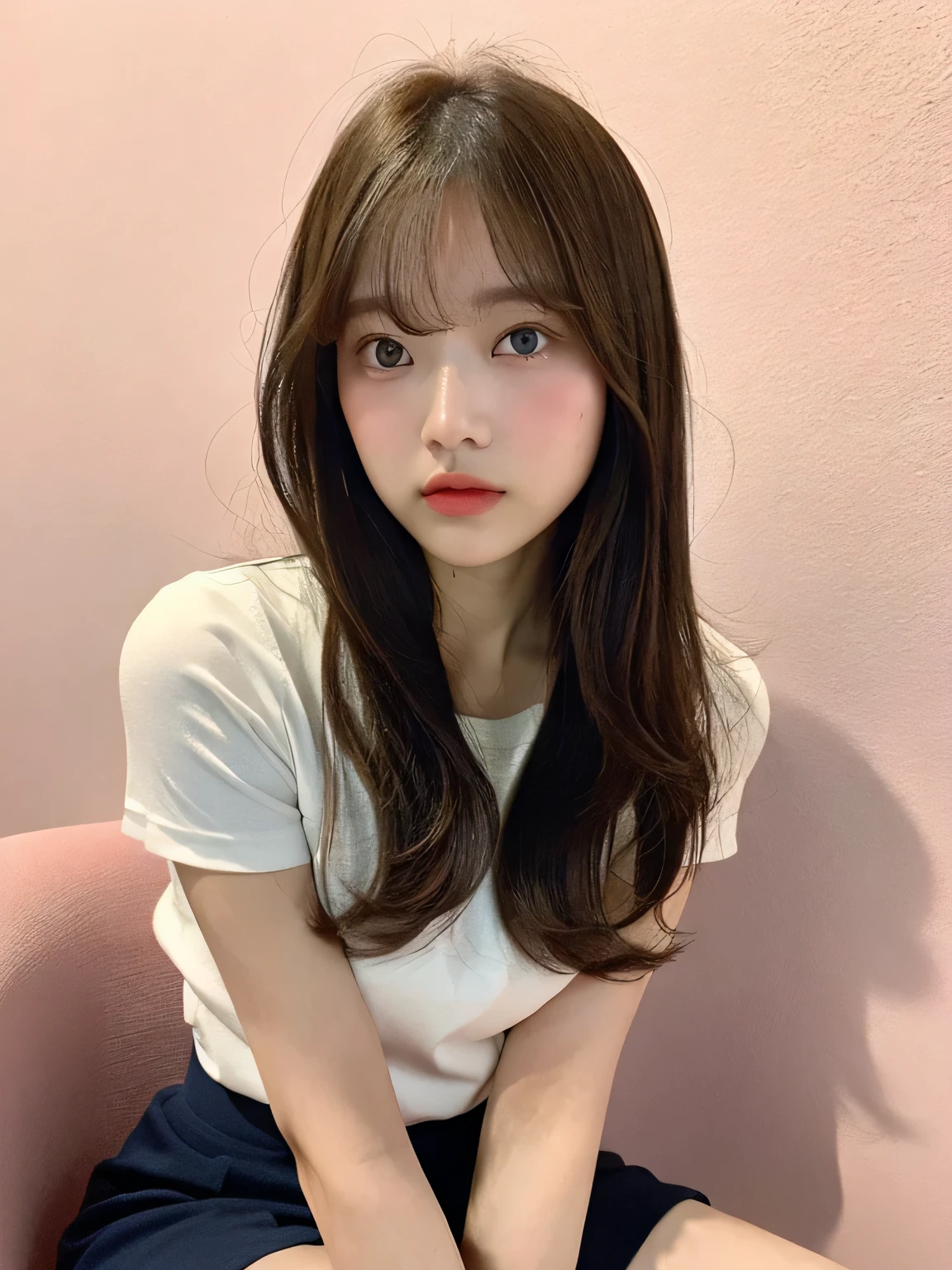 one person、17 years old、whole body、slender、woman、White drool coming out of the mouth、Blonde、 Fair skin, messy hair, super cute、Soft and Face、Brown Hair、8k resolution、Surreal、Ultra high definition、 Soft Body Tight Ass Night、A-cup small breasts((Highest resolution、8k、masterpiece:1.3))、Ultra-fine face、Ultra Fine Lips、Beautiful Eyes、double eyelid,Pink wall、Navy blue open front shirt、Navy blue mini skirt、I can see your thighs、Shapely small breasts、Sitting in a chair、