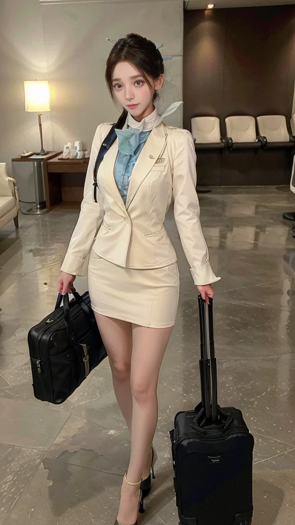 ((Incredibly stylish and beautiful)), ((really meticulous CG)), (realistic)、(intricate details:1.2)、(masterpiece、:1.3)、(top quality:1.4)、(Ultra A high resolution:1.2)、Ultra A high resolution, 8K resolution, Very detailed expression, studio soft light, vivid details, super detailing, complete anatomy, realistic skin texture, realistoc shading, (Highly detailed CG Unity 16k wallpaper), (High Quality), full body photo, 1 girl, (korean facial makeup : 1.4), beautiful: 1.3, laugh, ((crew cut, bun hair, flight attendant hair style)), perfect figure, femur, medium chest, Medium Body, Korean flight attendant, (Flight attendant uniforms),(Flight attendants in uniform), detail face, warm gaze, clear eyes, beautiful detailed eyes, small nose, small head, silk petit scarf, flesh-colored shiny pantyhose : 1.5, court shoes)), air terminal, airport lobby, luggage, walking, boarding an airplane, detailed background