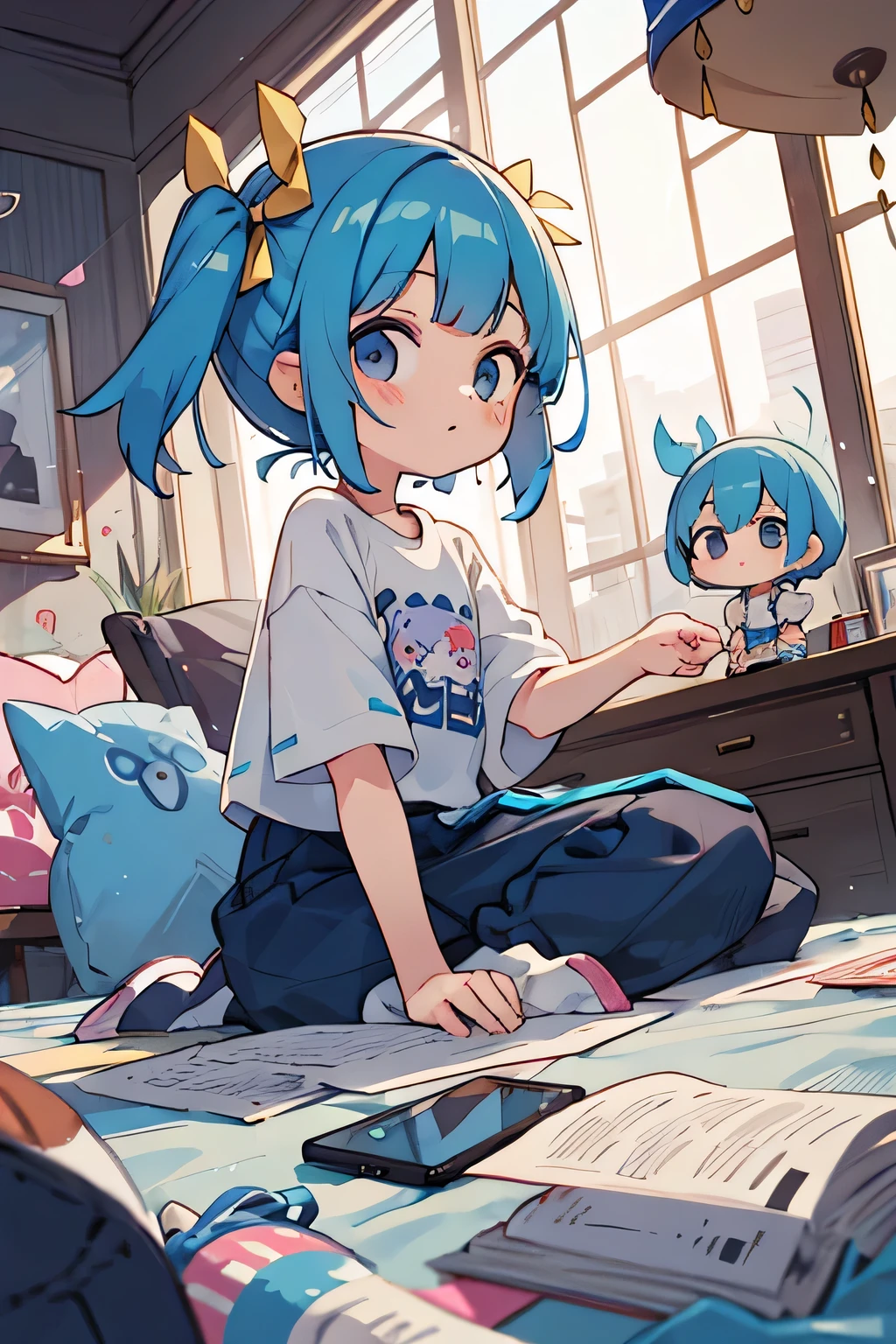 plastic, One girl, Chibi T-shirt,Blue Hair, Luxury Fabric,Harajuku Style, Dither, Profound, Looking at the audience,