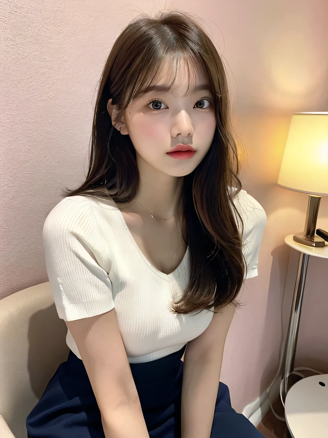 one person、、whole body、slender、woman、White drool coming out of the mouth、Blonde、 Fair skin, messy hair, super cute、Soft and Face、Brown Hair、8k resolution、Surreal、Ultra high definition、 Soft Body Tight Ass Night、A- small breasts((Highesution、8k、masterpiece:1.3))、Ultra-fine face、Ultra Fine Lips、Beautiful Eyes、double eyelid,Pink wall、Navy blue open front shirt、Navy blue mini skirt、I can see your thighs、Shapely small breasts、Sitting in a c