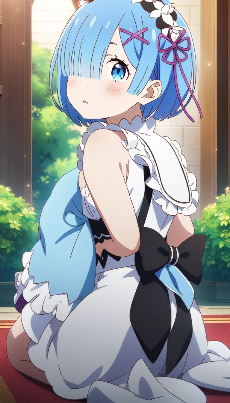 1girl and 1boy, rem \(re:zero\), re:zero kara hajimeru isekai seikatsu, kneeling, anime artwork, anime style, key visual, vibrant, studio anime, highly detailed, looking at viewer, masterpiece, best quality, very aesthetic, absurdres