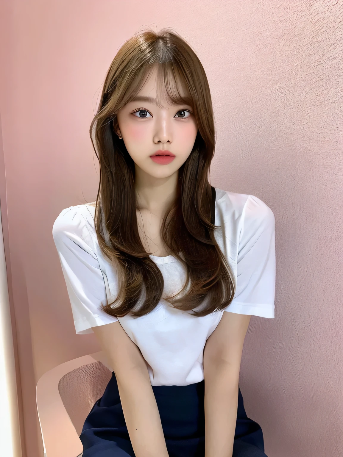 one person、17 years old、whole body、slender、woman、White drool coming out of the mouth、Blonde、 Fair skin, messy hair, super cute、Soft and Face、Brown Hair、8k resolution、Surreal、Ultra high definition、 Soft Body Tight Ass Night、A-cup small breasts((Highest resolution、8k、masterpiece:1.3))、Ultra-fine face、Ultra Fine Lips、Beautiful Eyes、double eyelid,Pink wall、Navy blue open front shirt、Navy blue mini skirt、I can see your thighs、Shapely small breasts、Sitting in a chair、