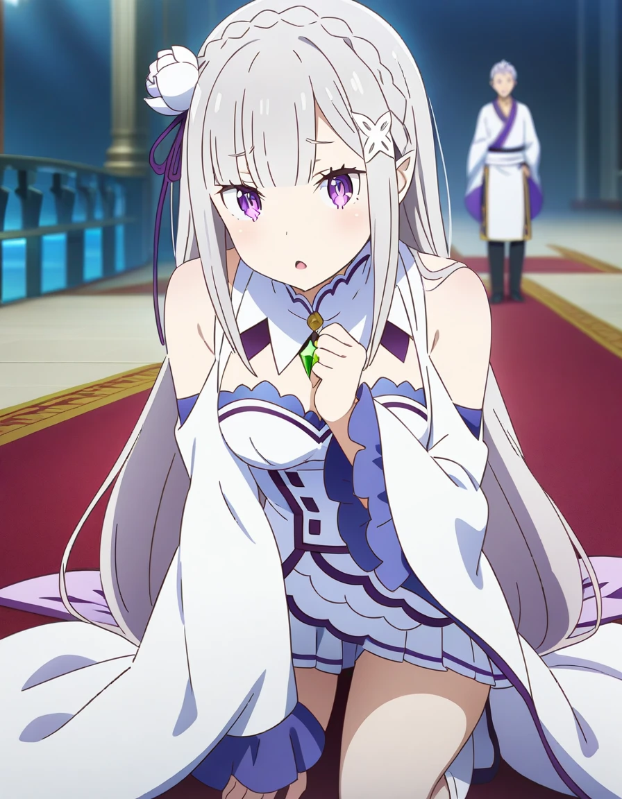 1girl and 1boy, emilia \(re:zero\), re:zero kara hajimeru isekai seikatsu, kneeling, anime artwork, anime style, key visual, vibrant, studio anime, highly detailed, looking at viewer, masterpiece, best quality, very aesthetic, absurdres