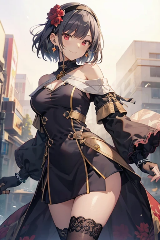(dynamic angle:1.3, front view:1.1, breast focus:1.3, from below:1.2), (dynamic posing:1.5, sexy posing:1.2, leaning forward), (seductive smiling:1.3),(*K) HD, highest quality, Anime style beutiful woman, 1girl,fullbody, happy, (with sparkling eyes and a contagious smile:1.2), red face, closed mouth, beautiful detailed eyes, super detailed skin, backlighting, bare shoulders, black background, black dress, black gloves, silver hair, breasts, dress, earrings, fingerless gloves, floating hair, floral print, flower, gloves, gold earrings, gold hairband, hair flower, hair ornament, hairband, holding, holding two-hands weapon, jewelry, medium breasts, long hair, looking at viewer, off-shoulder dress, off shoulder,red eyes, short hair with long locks, sidelocks, solo, spikes, thighs, two-sided dress, two-sided fabric, weapon, fighting stance , face, close up, from above, highest quality, high resolution,Real World, Natural light,perfect Natural light,looking at viewer,
