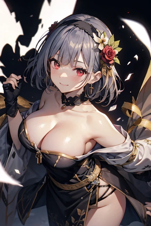 (dynamic angle:1.3, front view:1.1, breast focus:1.3, from below:1.2), (dynamic posing:1.5, sexy posing:1.2, leaning forward), (seductive smiling:1.3),(*K) HD, highest quality, Anime style beutiful woman, 1girl,fullbody, happy, (with sparkling eyes and a contagious smile:1.2), red face, closed mouth, beautiful detailed eyes, super detailed skin, backlighting, bare shoulders, black background, black dress, black gloves, silver hair, breasts, dress, earrings, fingerless gloves, floating hair, floral print, flower, gloves, gold earrings, gold hairband, hair flower, hair ornament, hairband, holding, holding two-hands weapon, jewelry, medium breasts, long hair, looking at viewer, off-shoulder dress, off shoulder,red eyes, short hair with long locks, sidelocks, solo, spikes, thighs, two-sided dress, two-sided fabric, weapon, fighting stance , face, close up, from above, highest quality, high resolution,Real World, Natural light,perfect Natural light,looking at viewer,