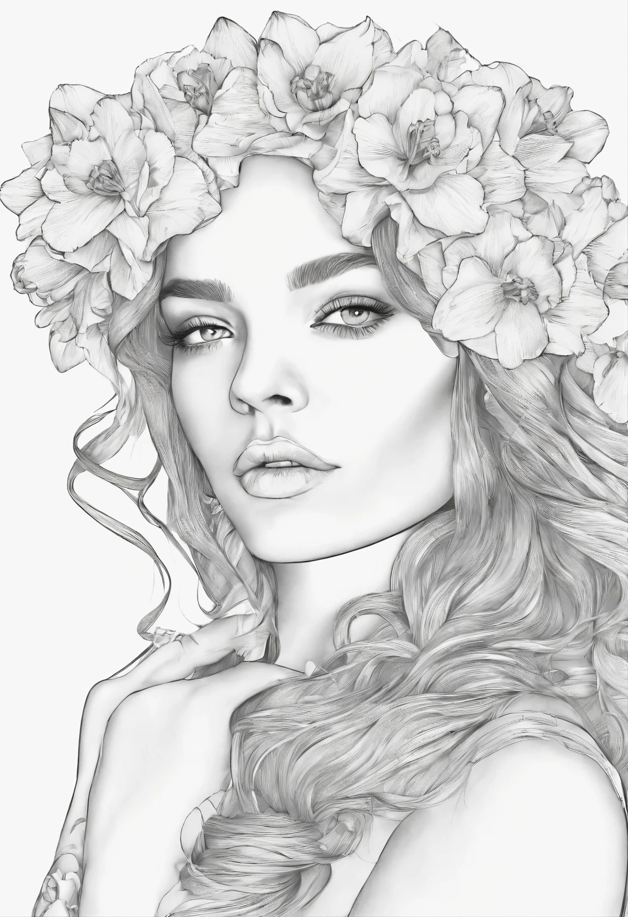 Black and white coloring book drawing of a young woman with daffodils in her hair, thin outlines only, no grayscale, high contrast, detailed daffodil, intricate jewelry, coloring book style, monochrome, thin outlines, detailed hair, elegant, high quality, white background