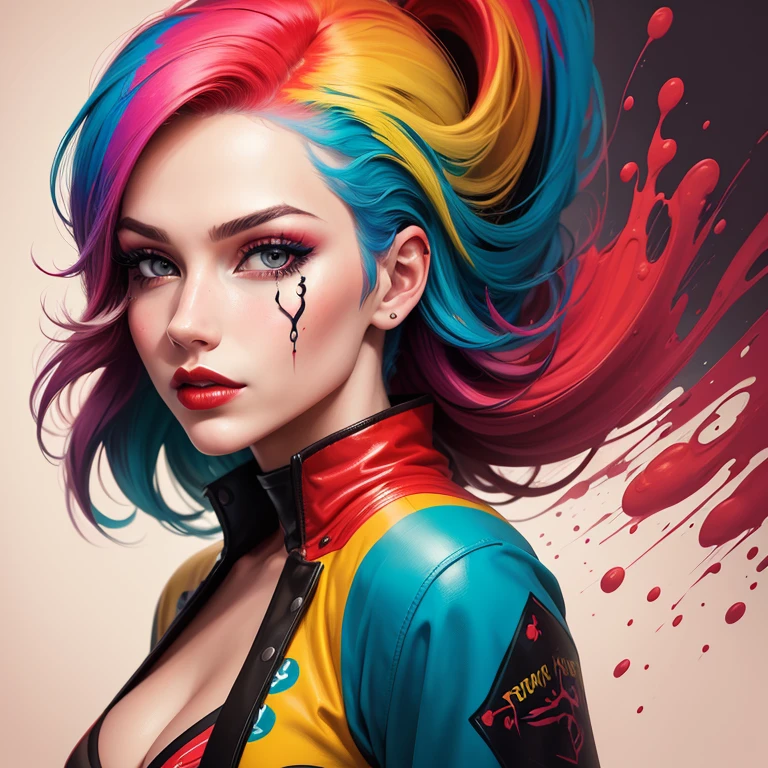 female cowboy, painting of a woman with colorful hair, a pop art painting, abstract art, red lips, digital airbrush painting, color splashes, Intricacy, (Masterpiece:1.5), (best quality:1.5).