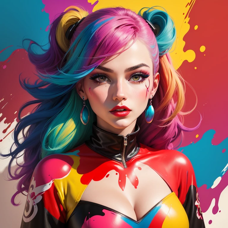 female cowboy, painting of a woman with colorful hair, a pop art painting, abstract art, red lips, digital airbrush painting, color splashes, Intricacy, (Masterpiece:1.5), (best quality:1.5).
