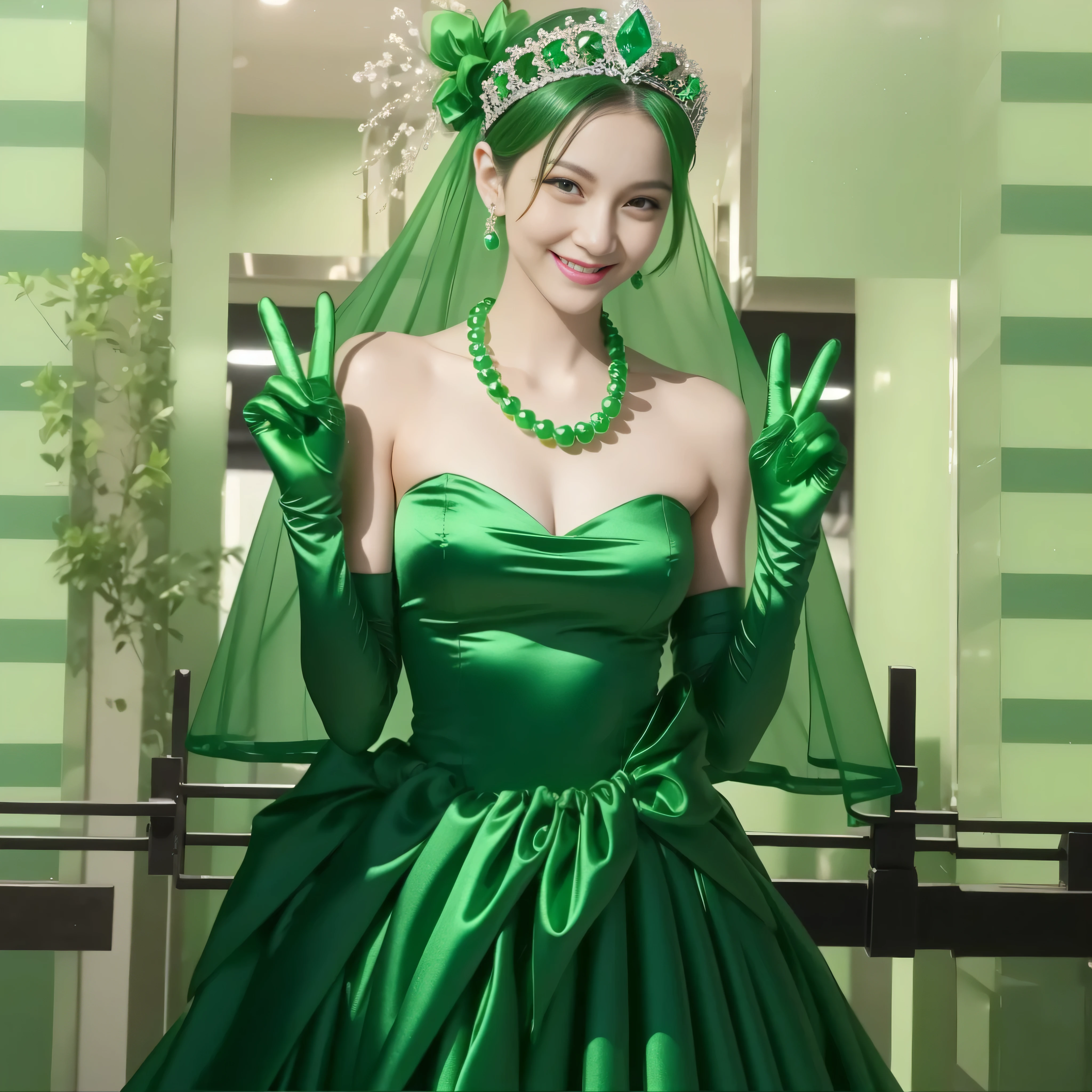 Emerald tiara, Green Pearl Necklace, Boyish very short green hair, lipstick, Smiling Japanese woman, Very short hair, Big tits beautiful, Green Eyes, Long green satin gloves, Green Eyes, Emerald Earrings, Green Veil, v sign