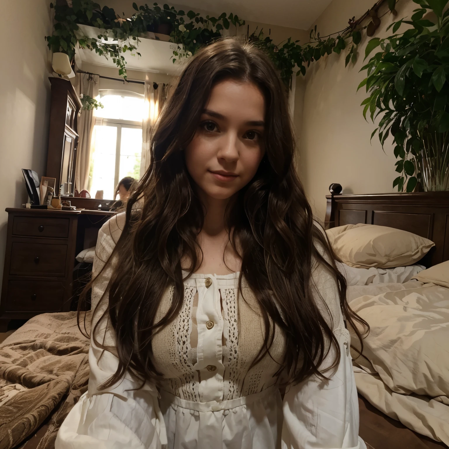 1 femme, Long wavy hair, dark brown eyes, nature, haut, Jupe courte, chambre, selfie