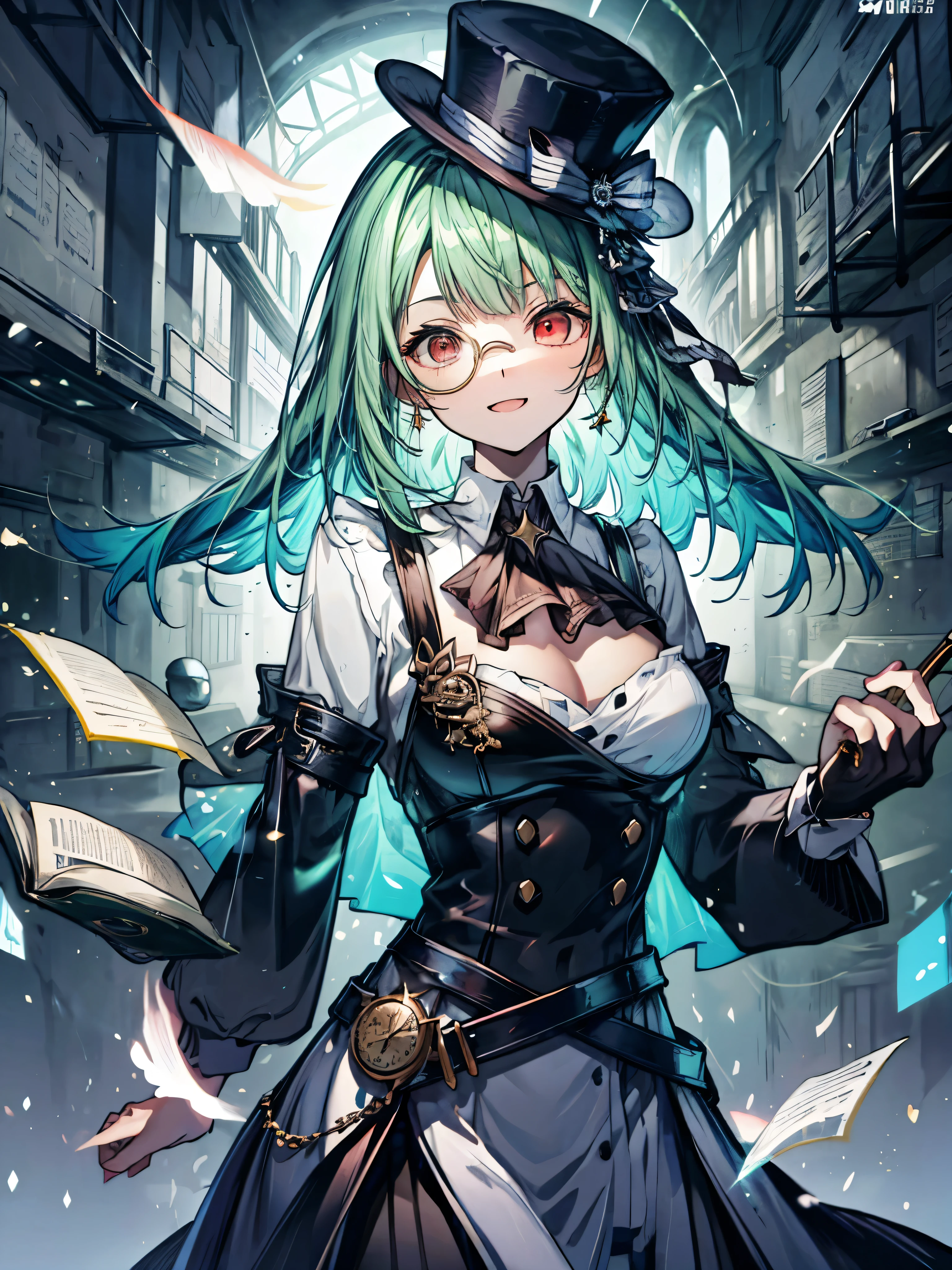 (((highest quality、8kimage quality、Highly detailed face、High resolution illustrations、perfect anatomy、ideal ratio body proportions)))、((Illustration of a girl alone、crossdressing、upper body))、(((beautiful girl)))、(Emerald green hair、messy hair、sidelocks、Red Eyes、crazy eyes、crazy smile)、(((flat chest)))、(((monocle)))、Pocket watch、(((Black Top Hat、Black suit、belt)))、Huge medieval libraries、A large number of books、Dimly lit room