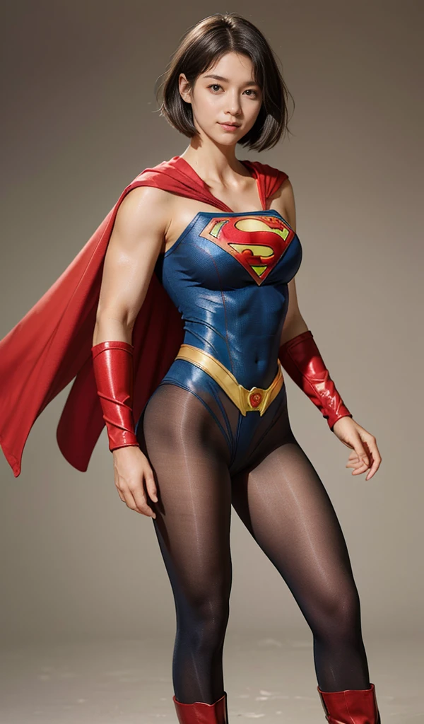 No background、(((Beautiful legs in black tights.)))、(((Legally express the beauty of your smile)))、((((Make the most of your original images)))、(((Supergirl Costume)))、(((beautiful short bob hair)))、(((suffering)))、(((Please wear black tights....、Wear red boots)))、((Best image quality、8K))、((highest quality、8K、masterpiece:1.3))、(((Preserve background )))、Sharp focus:1.2、Beautiful woman with perfect figure:1.4、Thin abdominal muscles:1.2、Wet body:1.5、Highly detailed face and skin texture、8K