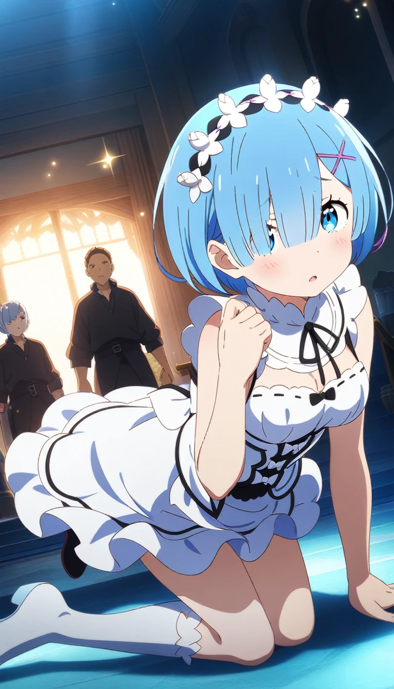 1girl and 1boy, rem \(re:zero\), re:zero kara hajimeru isekai seikatsu, kneeling, anime artwork, anime style, key visual, vibrant, studio anime, highly detailed, looking at viewer, masterpiece, best quality, very aesthetic, absurdres
