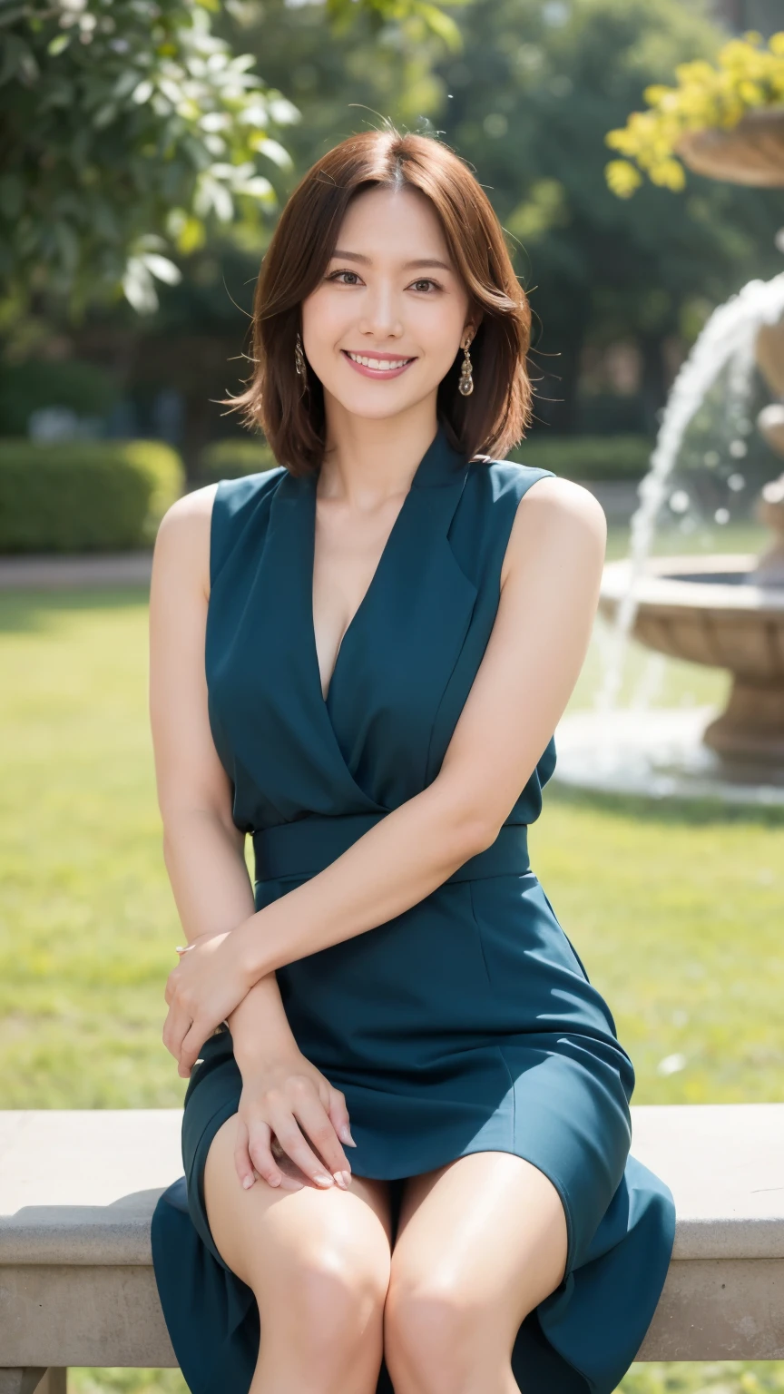 最high quality, In 8K, Masseter region, Vibrant, Sharp focus, high quality, High resolution, Detailed face, Fine grain, Thick lips, (Looking at the audience), alone, Beautiful woman, 38 years old, Japanese women, （Very short black hair:1.4）、（Bob Hair:1.4）, Cleavage, Lunch break、Big city park、Green grass、In front of a large fountain、（sitting on a park bench:1.3）、（Full body photo:1）、（Light blue formal dress:1.5）、（Knee-length dress:1.5）、（Black pumps:1.5）、（red lipstick:1）、（smile:1.3）、（Standard body shape）、（D cup ???????）