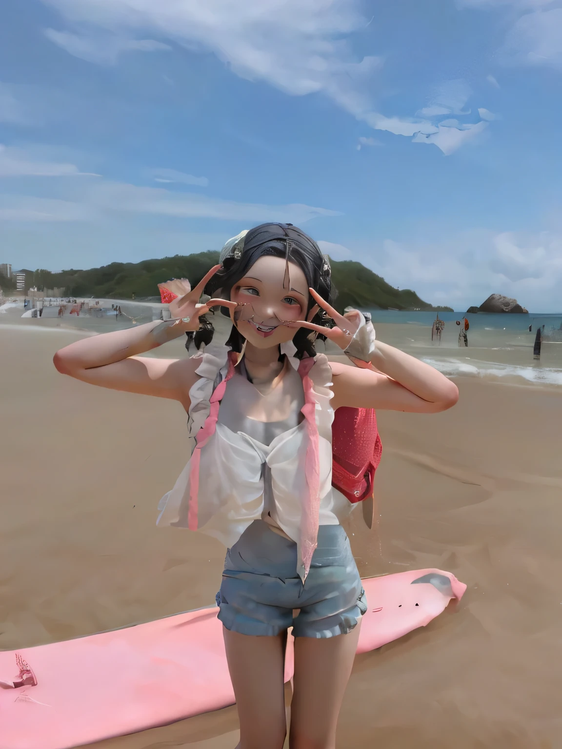 (Full body standing, Stand up), solo, masterpiece,Best quality,8k,1 girl, Solitary, {Mudstone_Ark Night:1.15}, hair_Pink and black gradient long braids,clothing_Swimsuit White Large Bow Tank Top,Blue one-piece shorts,posture_Hands make a gesture, Infect_Monitor, only_bShoulder,clavicle,best quality, illustration,Oil painting brush, White background,Simple background, Masterpiece, best quality, Beautiful and delicate light, Beautiful and delicate eyes, diaphragm, Big forehead, Qibi, Full Body Love,Barefoot