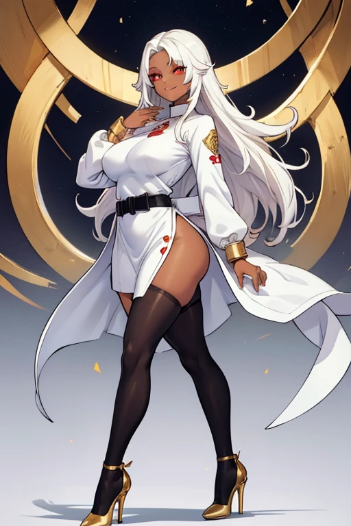 female, white long hair, red eyes, dark skin, (((1girl))), (((white long sleeve dress))), (black belt), (gold heels), black leggings, (gold jewelry), cute and sexy, full body, large breasts, large butt, long legs, smiling