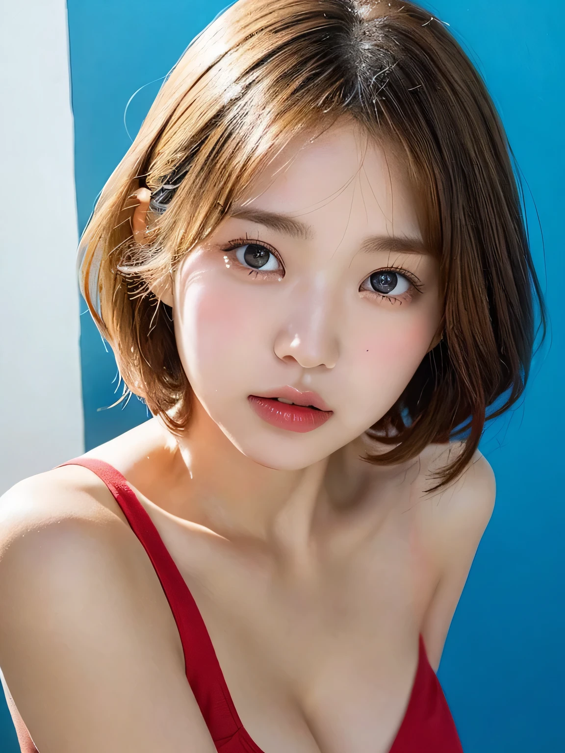 one person、、whole body、slender、woman、White drool coming out of the mouth、short hair、Blonde、 Fair skin, messy hair, super cute、Soft and Face、8k resolution、Surreal、Ultra high definition、 A-cup small breasts((Highest resolution、8k、masterpiece:1.3))、Ultra-fine face、Ultra Fine Lips、Beautiful Eyes、double eyelid,Light blue wall、Red bandeau dress:1.1、Thighs、thin,Thighs are visible、Shapely small breasts、