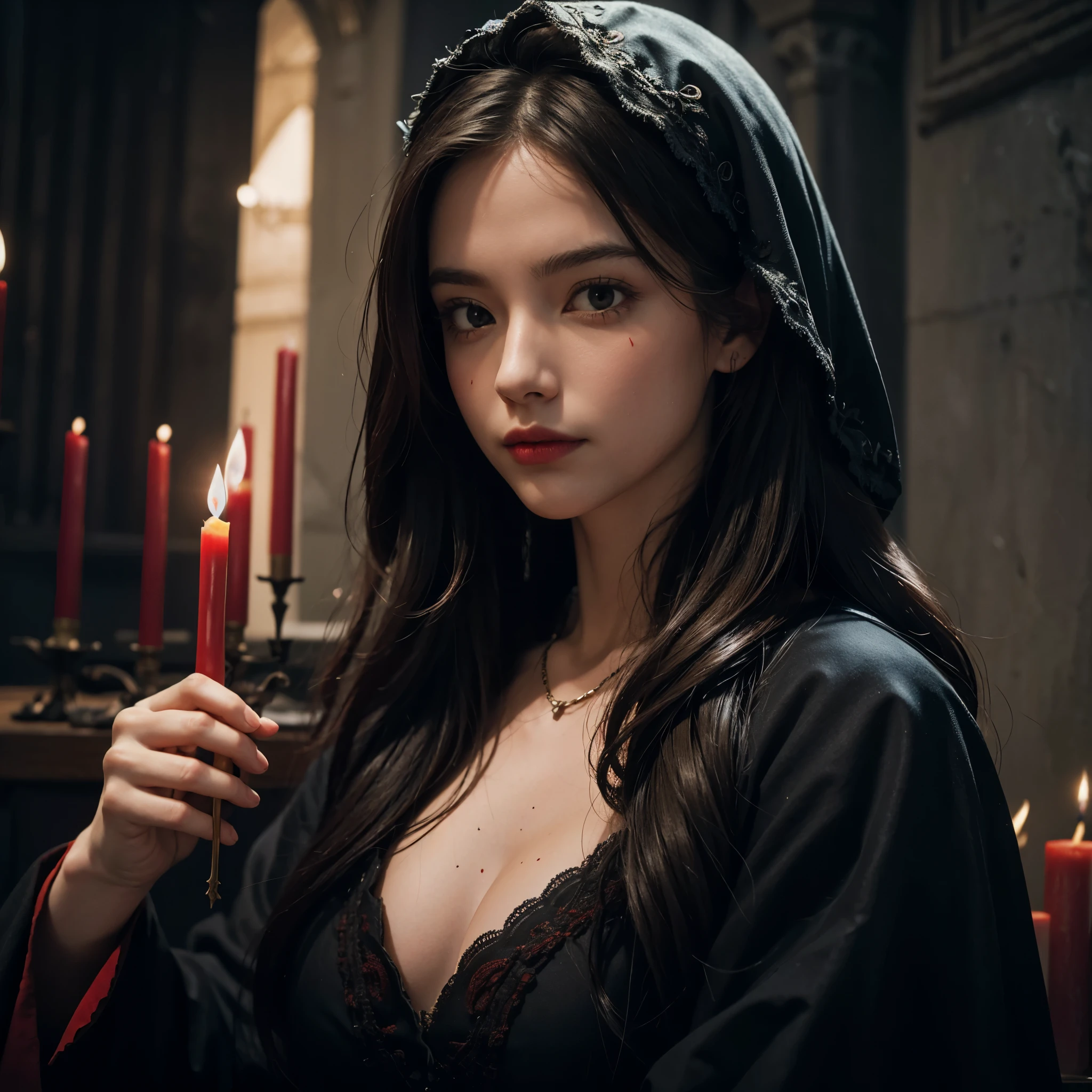 (hand hold a bowl with light on red candles) (posing on cult altar dark castle)