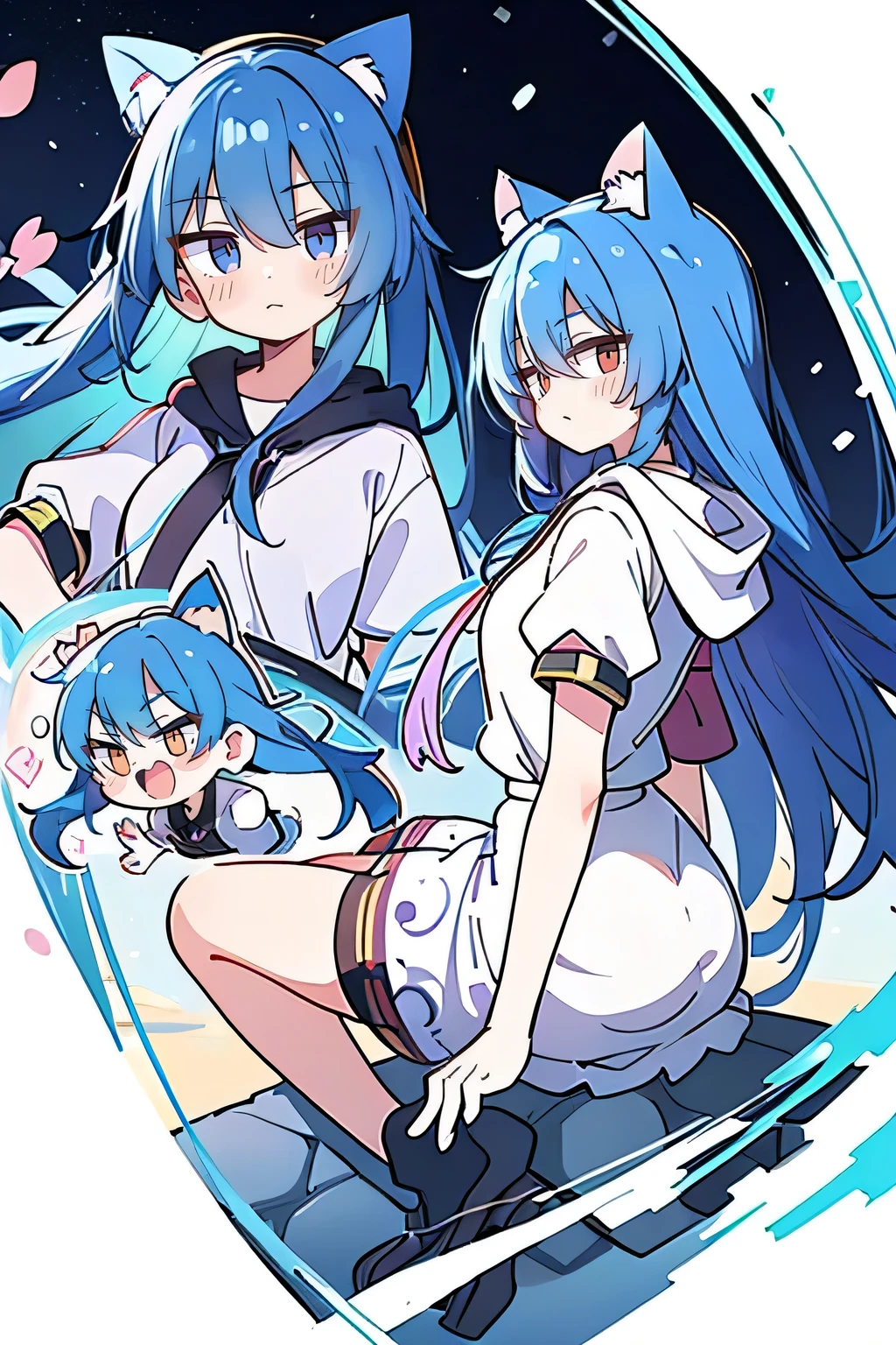 （masterpiece：1.2），Super detailed，lifelike，Expressive eyes，fair skin，perfect face shape，1 girl，
Japanese comics,Gorgeous blue hair,flowing blue hair,flowing clothes,Cat ears,Petals fall,beautiful lola,Baby Angel,
Shaking head with one hand，Cross your legs，Gentle and peaceful background，The pavilion is cool and comfortable,smile, wearing hoodie, background of tokyo,back views,snowing, winter.
