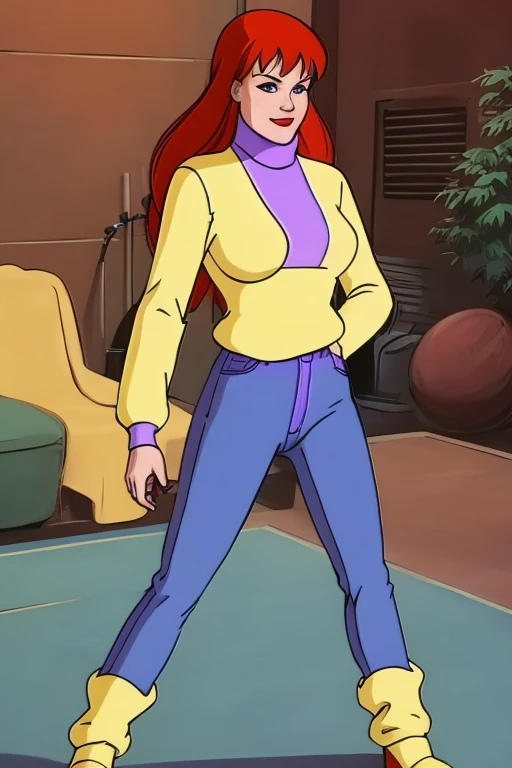 absurdres, mary jane watson, full body, yellow sweater with purple turtleneck, boots , jeans, 