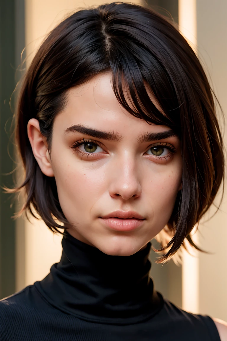 A stunning intricate full color portrait of zaraZof1, wearing a black turtleneck, epic character composition, by Ssunbiki, alessio albi, nina masic, sharp focus, natural lighting, subsurface scattering, f2, 35mm,, very short hair