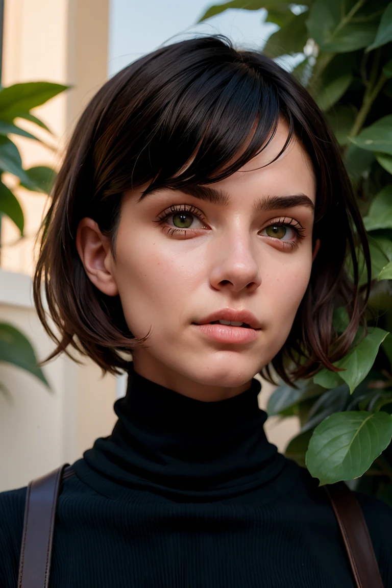 A stunning intricate full color portrait of zaraZof1, wearing a black turtleneck, epic character composition, by Ssunbiki, alessio albi, nina masic, sharp focus, natural lighting, subsurface scattering, f2, 35mm,, very short hair