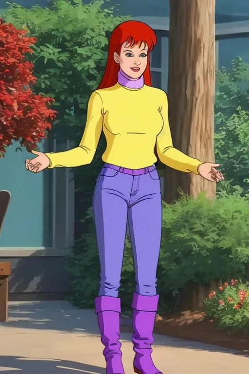 absurdres, mary jane watson, full body, yellow sweater with purple turtleneck, boots , jeans, 