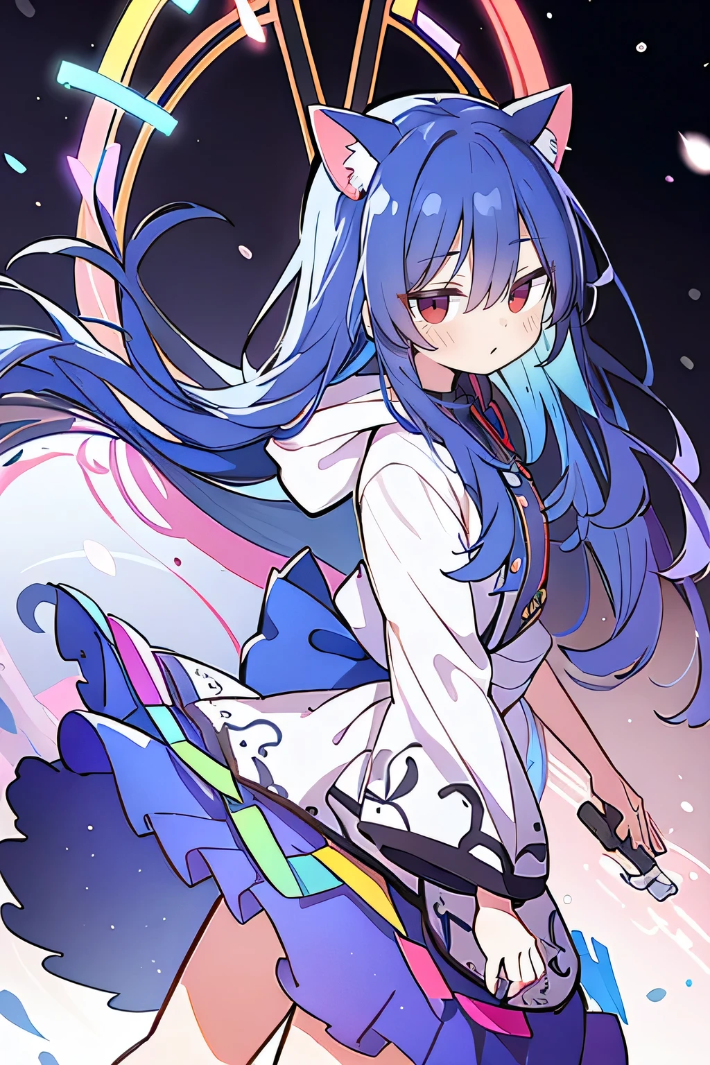 (masterpiece:1.2),Super detailed,lifelike,Expressive eyes,fair skin,perfect face shape,1 girl,
Japanese comics,Gorgeous blue hair,flowing blue hair,flowing clothes,Cat ears,Petals fall,beautiful lola,Baby Angel,
Shaking head with one hand,Cross your legs,Gentle and peaceful background,The pavilion is cool and comfortable,smile, wearing hoodie, background of tokyo,back views,snowing, winter.