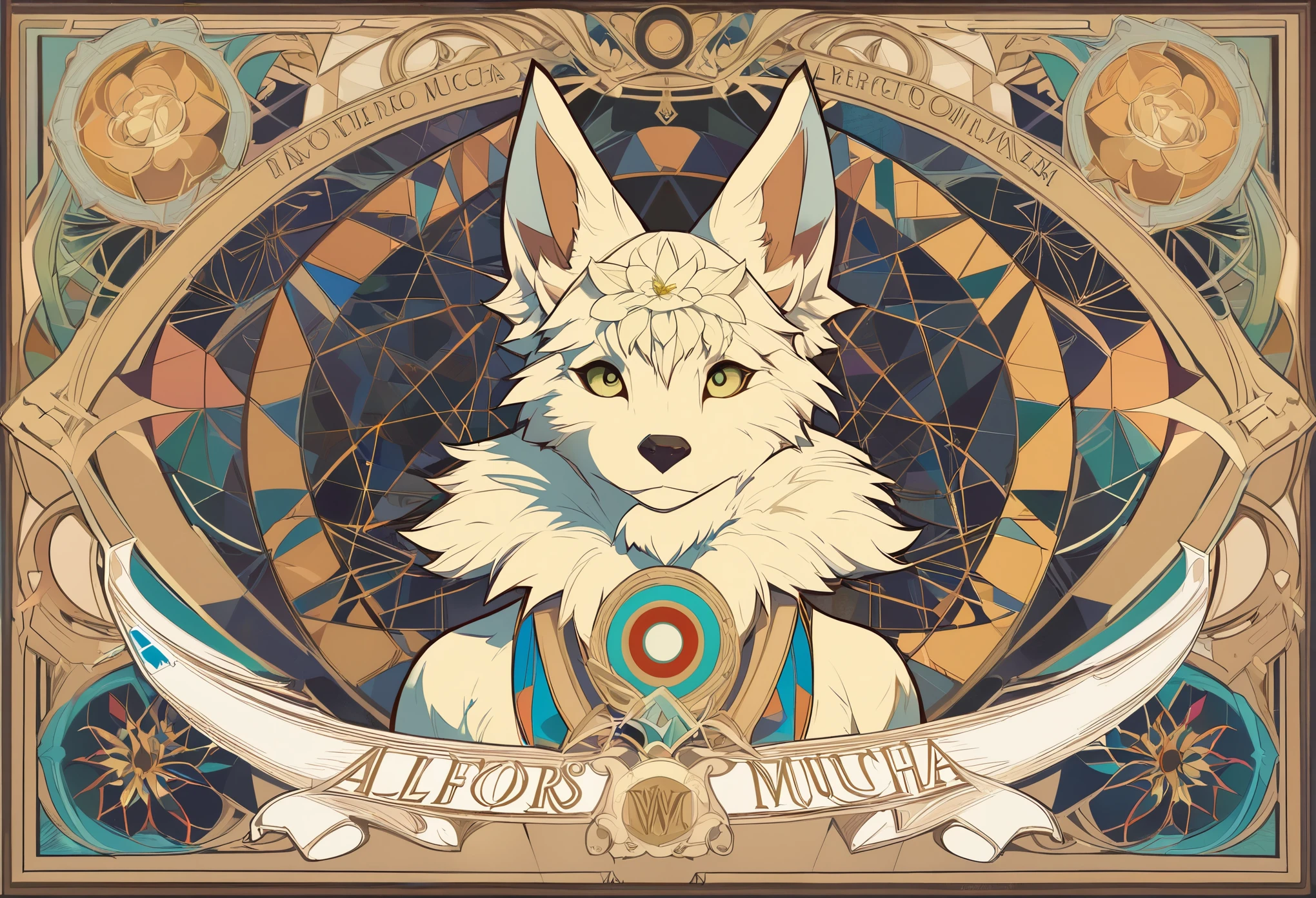 highres, top quality, best quality, paid reward available, High-quality illustrations by Alfons Mucha, unparalleled masterpiece, perfect artwork, absurdres, logo mark, stamp, Geometric pattern, vector-art, masterpiece(kemono, furry anthro)flower,