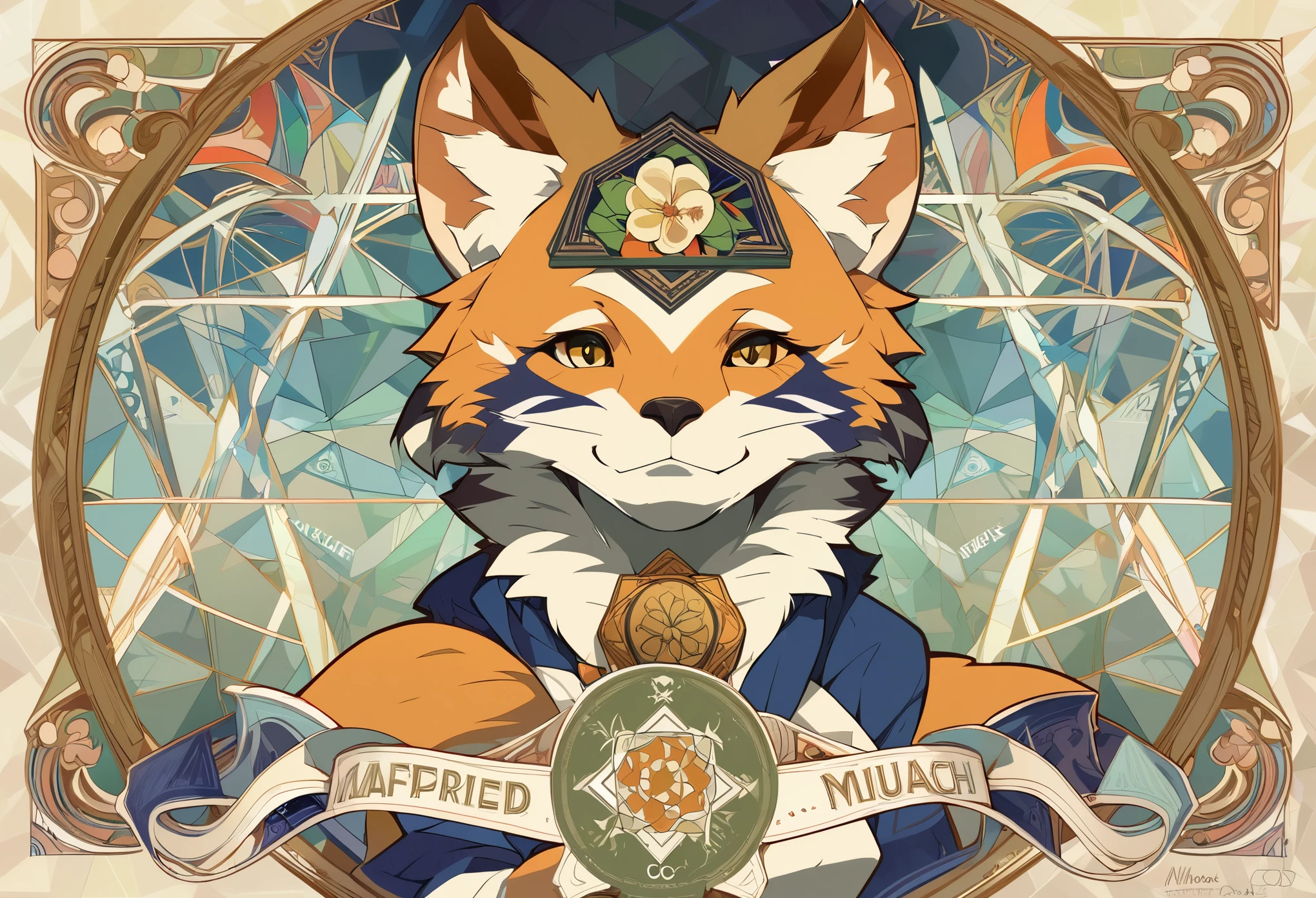highres, top quality, best quality, paid reward available, High-quality illustrations by Alfons Mucha, unparalleled masterpiece, perfect artwork, absurdres, logo mark, stamp, Geometric pattern, vector-art, masterpiece(kemono, furry anthro)flower,