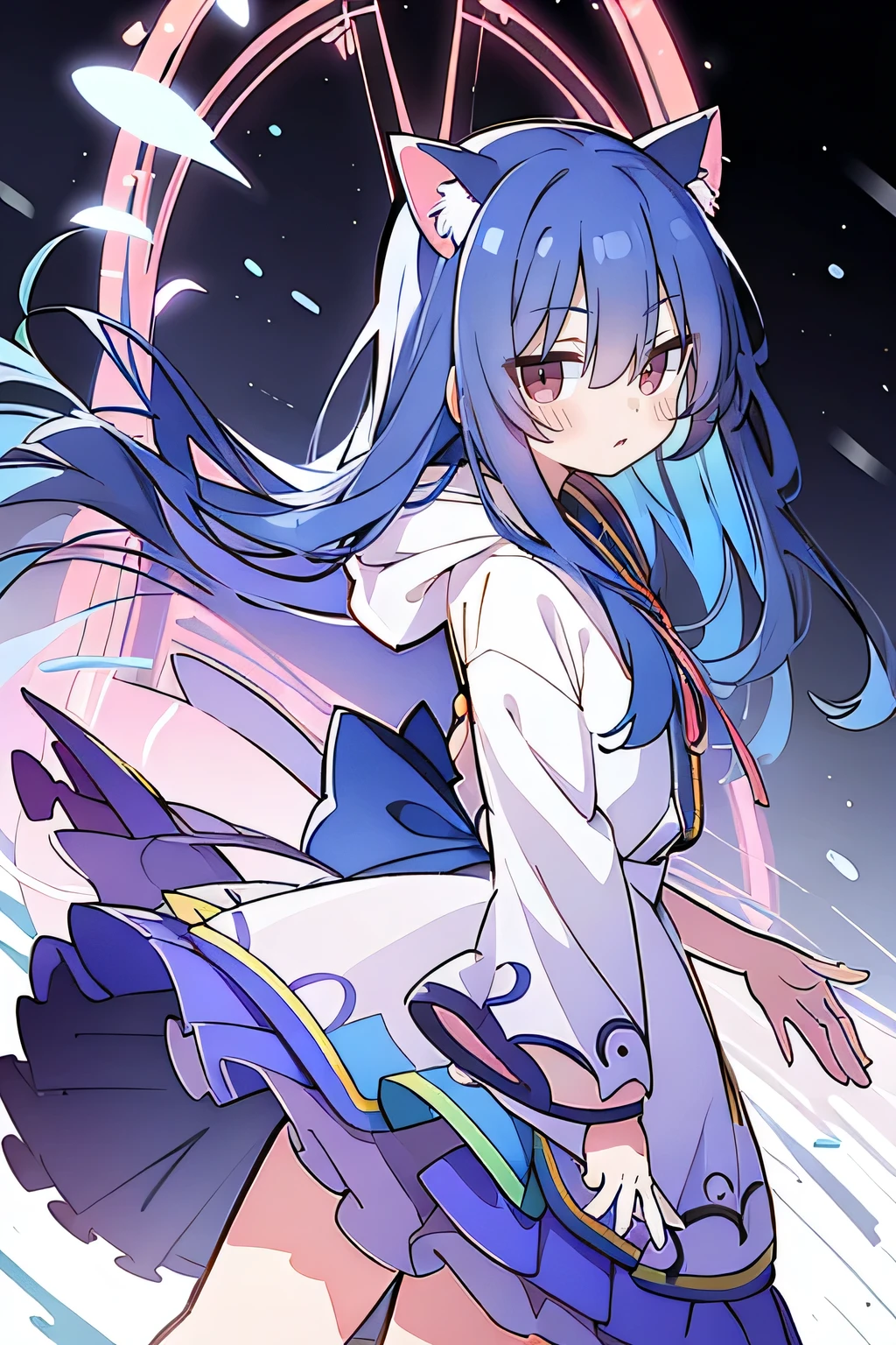 （masterpiece：1.uper detailed，lifelike，Expressive eyes，fair skin，perfect face shape，1 girl，
Japanese comics,Gorgeous blue hair,flowing blue hair,flowing clothes,Cat ears,Petals fall,beautiful lola,Baby Angel,
Shaking head with one hand，Cross your legs，Gentle and peaceful background，The pavilion is cool and comfortable,smile, wearing hoodie, background of tokyo,back views,snowing, winter.