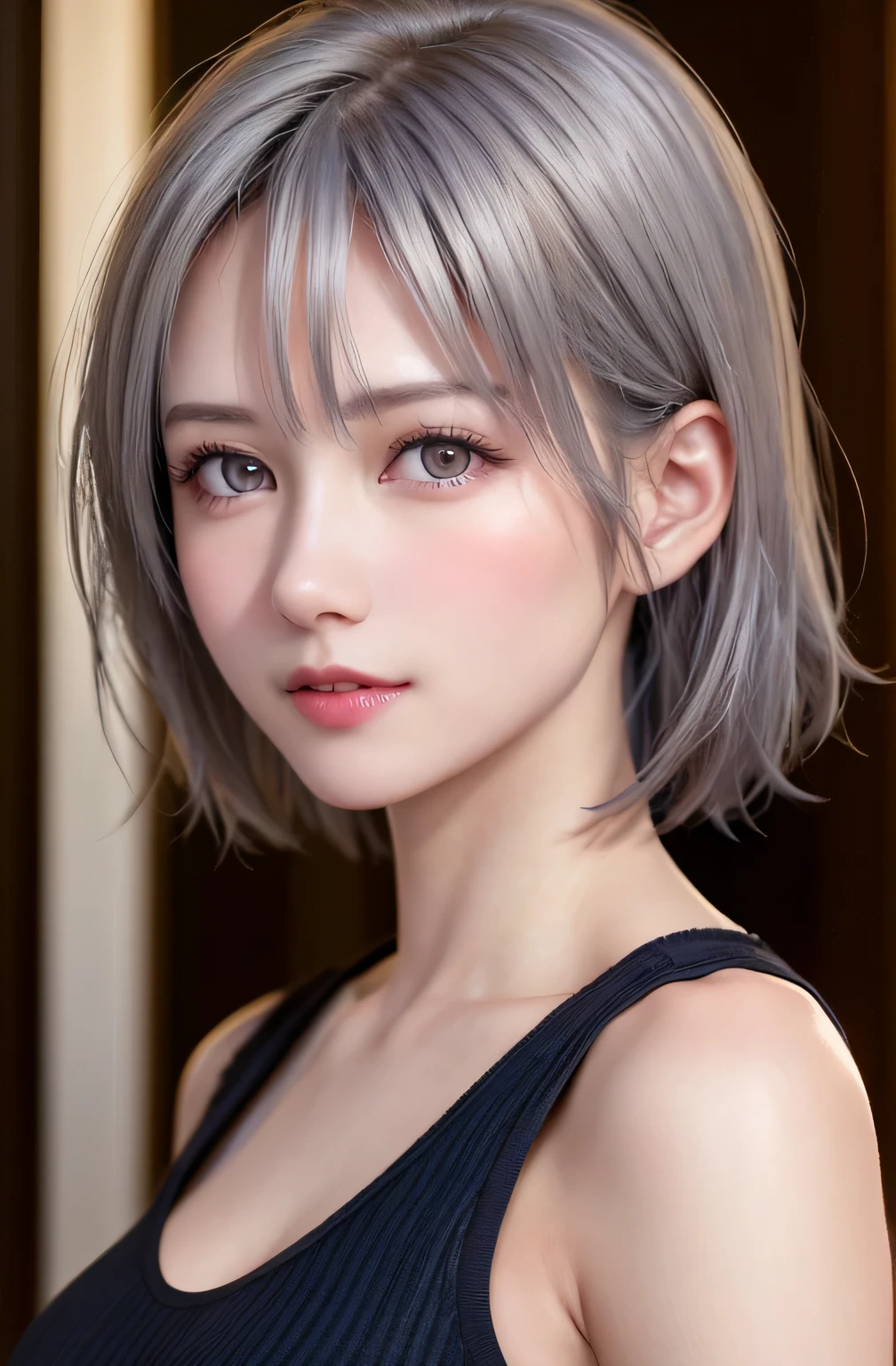 (8K, Photorealistic, Raw photo, of the highest quality: 1.3), (1girl in), Super beautiful, (Realistic face), (boyish, Silver Color Berry Shorthair), Beautiful , Glare that captivates the viewer, Beautiful expression, Beautiful , (Realistic skin), Be...