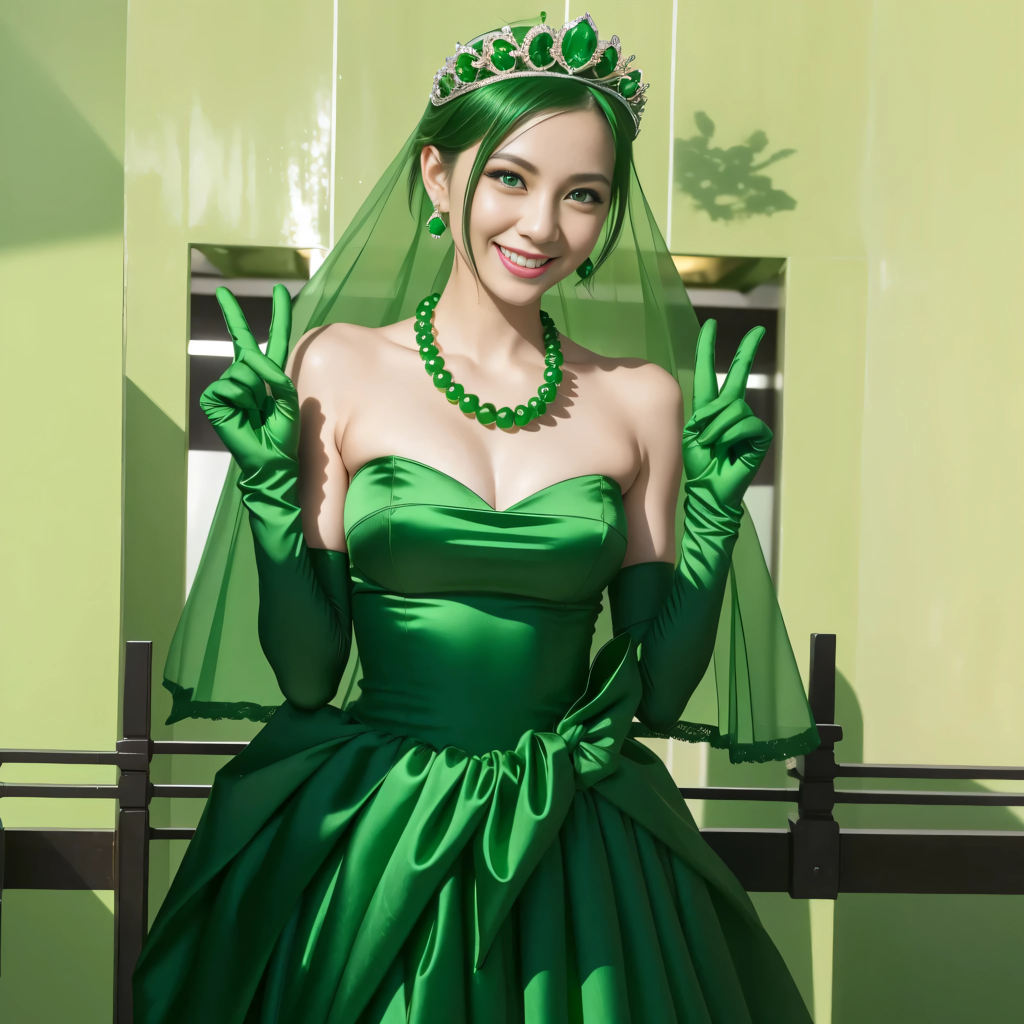 Emerald tiara, Green Pearl Necklace, Boyish very short green hair, lipstick, Smiling Japanese woman, Very short hair, Big tits beautiful, Green Eyes, Long green satin gloves, Green Eyes, Emerald Earrings, Green Veil, v sign